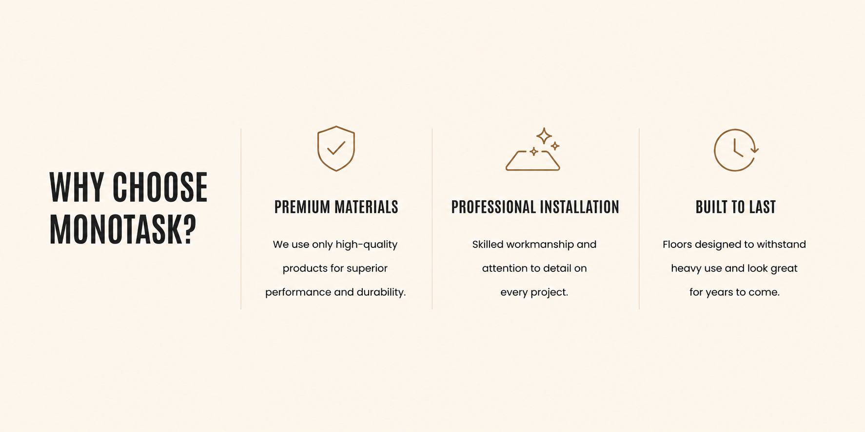 An informational graphic titled "Why choose Monotask?" with sections highlighting premium materials, professional installation, and durability.