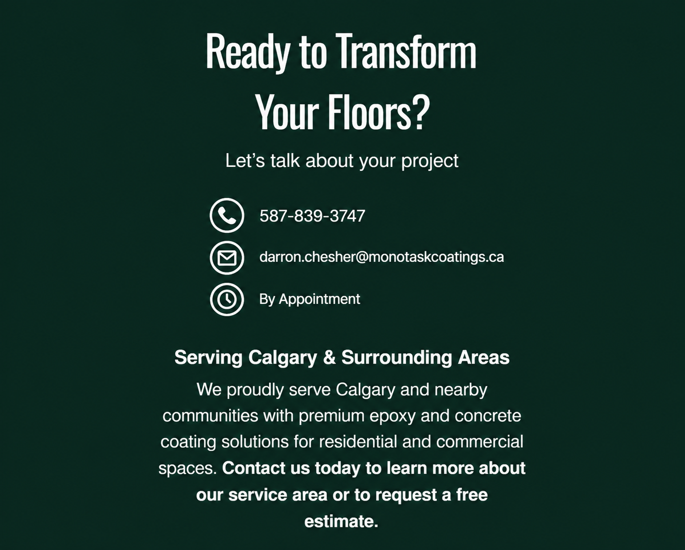 Business flyer with dark green background promoting epoxy and concrete coating services in Calgary. Contains contact information, service details, and an invitation to contact for a free estimate.