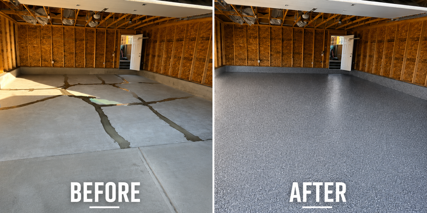 Comparison of a garage floor before and after refinishing, showing a concrete floor with cracks in the 'before' image and a smooth, gray textured epoxy-coated floor in the 'after' image.