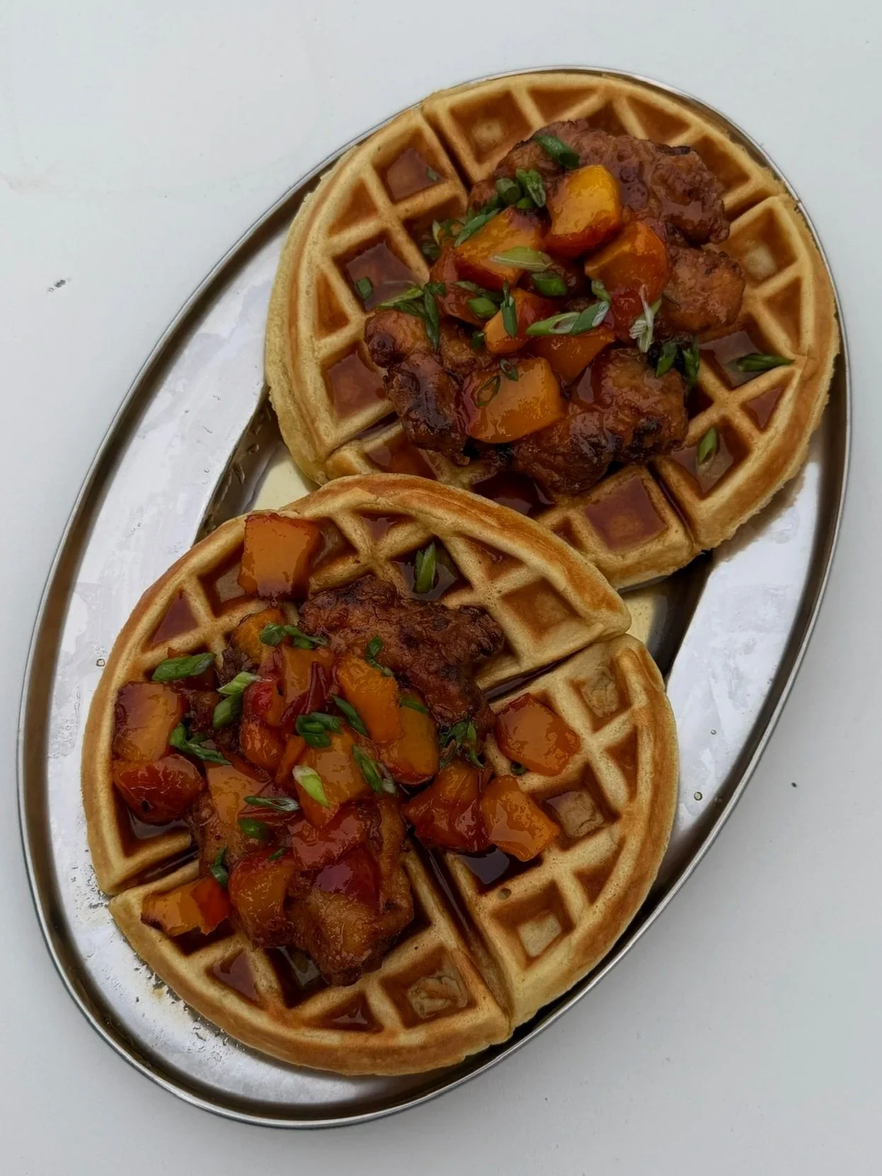 hot honey peach chicken & waffles