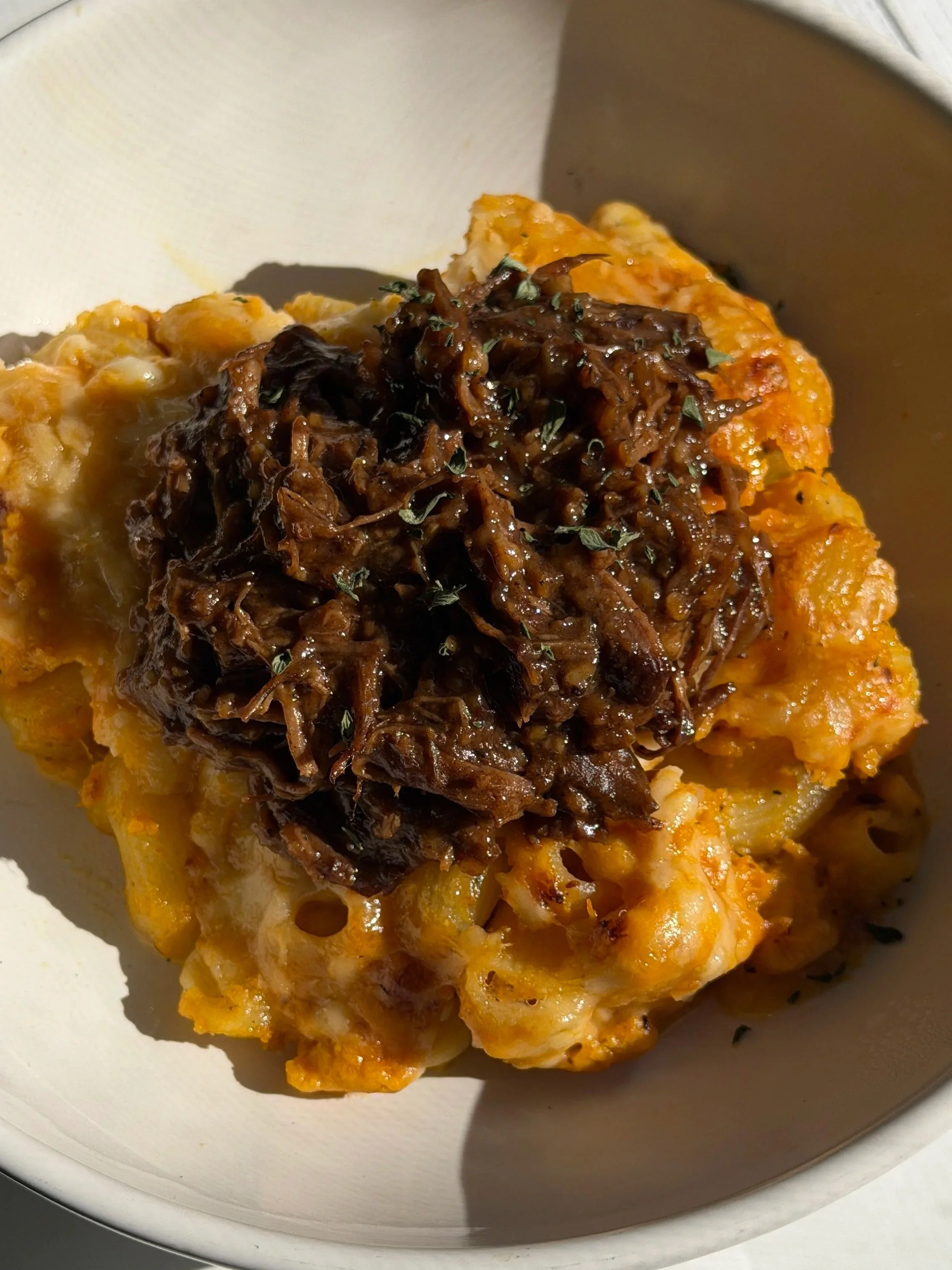 bbq short rib with butternut squash mac &amp; cheese