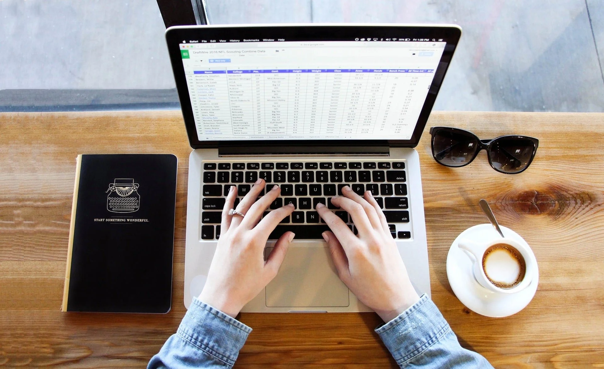 A person working on a silver laptop at a wooden table. On the left is a black notebook with a typewriter illustration and the text "Start Something Wonderful." To the right of the laptop are sunglasses, and further right is a white cup with a saucer containing a spoon, and what appears to be a dessert or coffee with caramel.