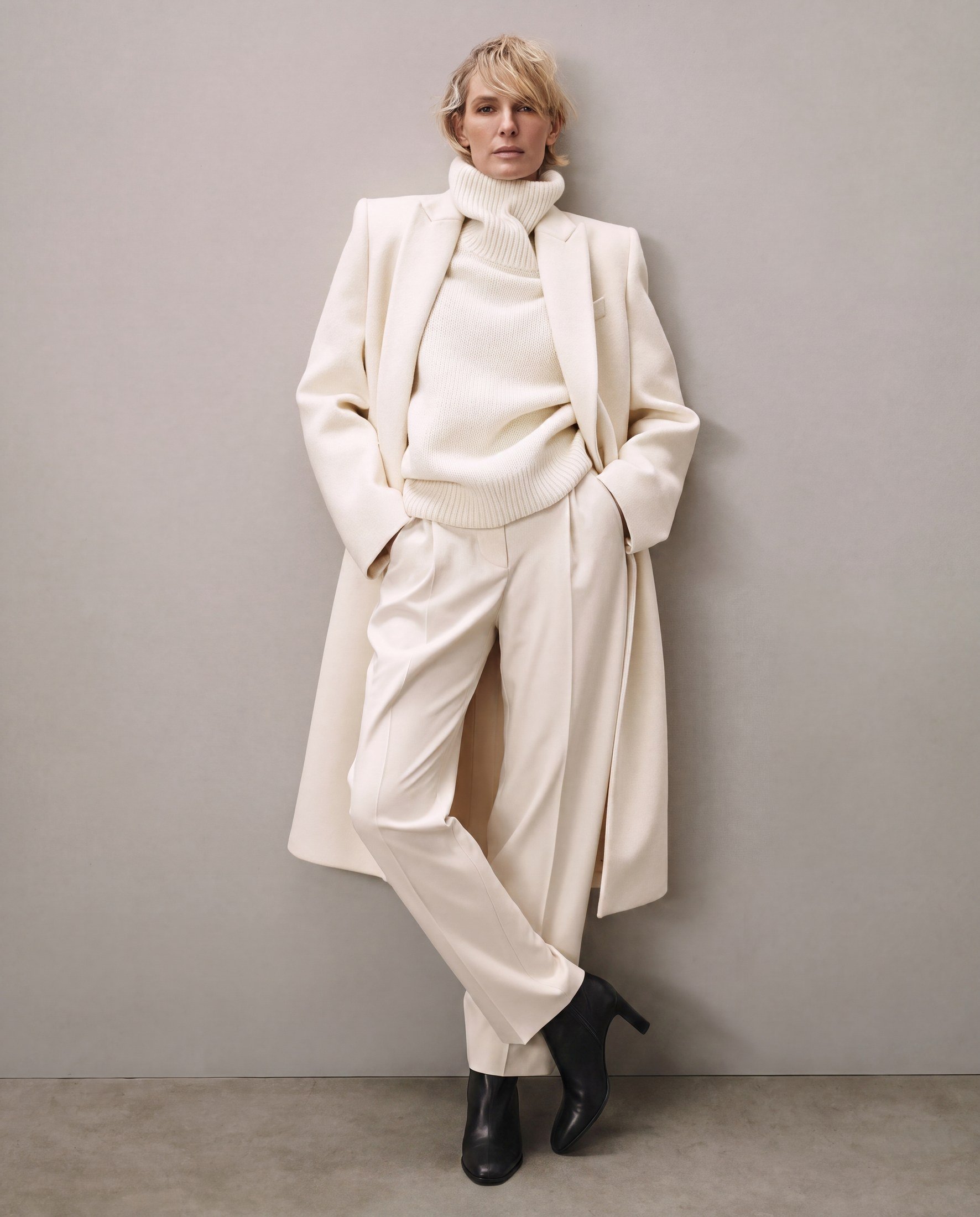 A woman standing against a plain wall, wearing a white turtleneck sweater, white suit, and black ankle boots, with one leg crossed in front of the other.