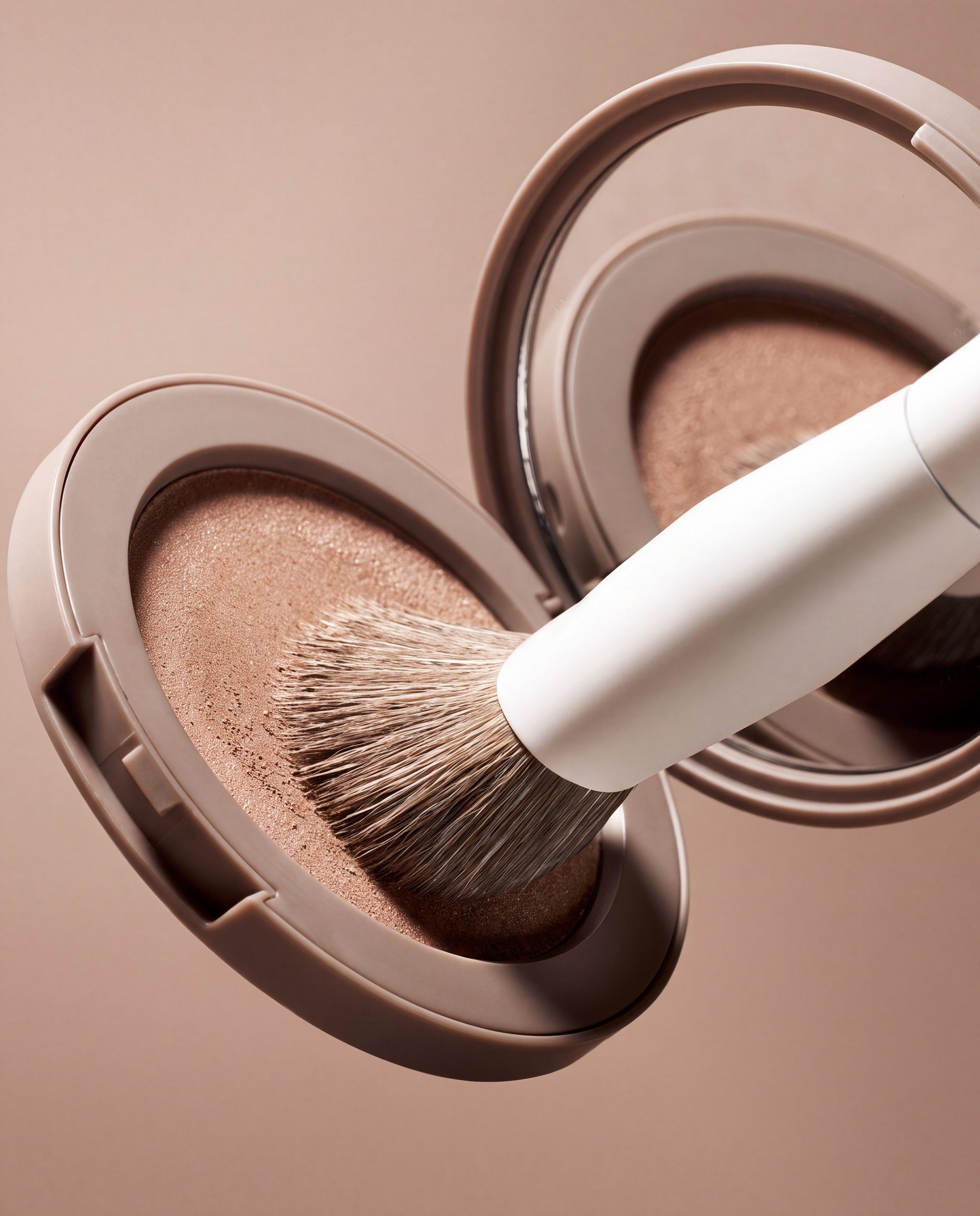 Close-up of an open container of beige pressed powder foundation with a makeup brush resting on top, against a pink background.