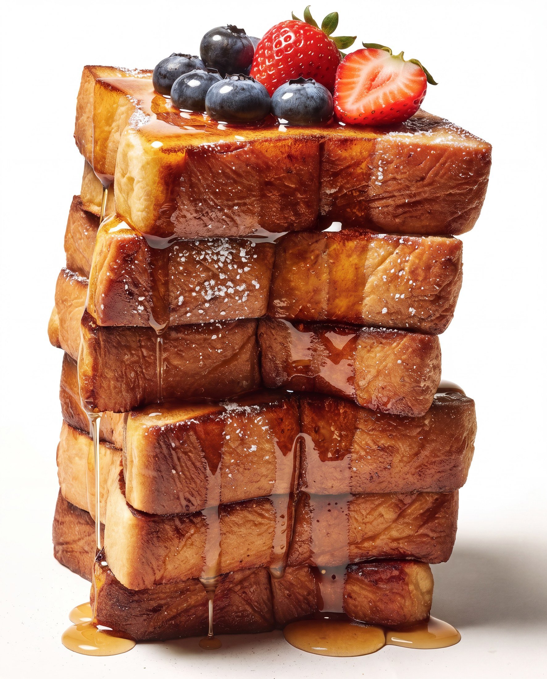 Stacked crispy French toast topped with fresh strawberries and blueberries, drizzled with syrup.