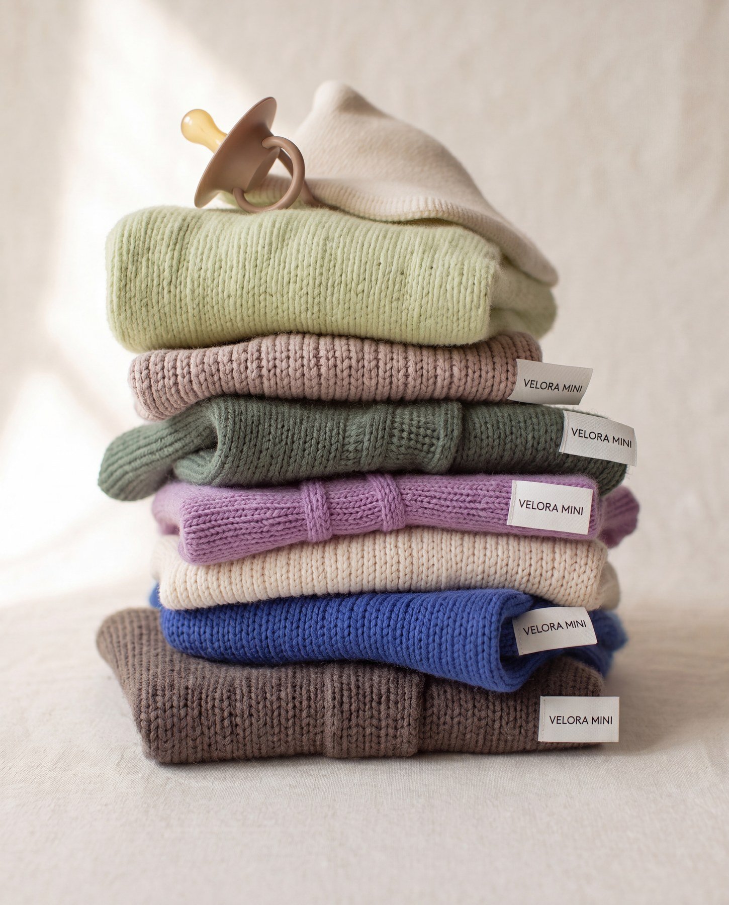 A neatly stacked pile of colorful knitted baby hats, with white labels reading 'VELORA MINI.' Some of the hats are in shades of pink, green, purple, blue, and gray. A beige pacifier rests on the top hat.