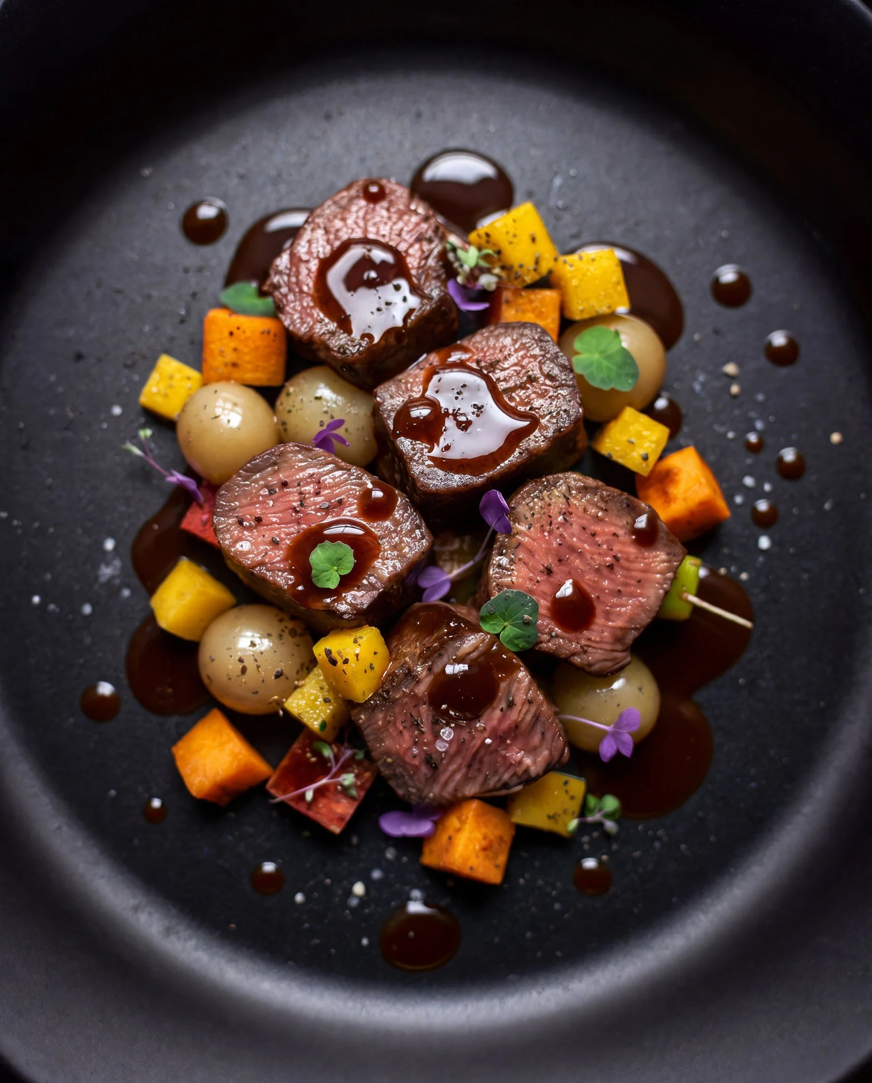 Seared pieces of steak served with small yellow and orange roasted vegetables, round white pearl onions, purple edible flowers, microgreens, and a dark sauce drizzled on top, all arranged on a black plate.