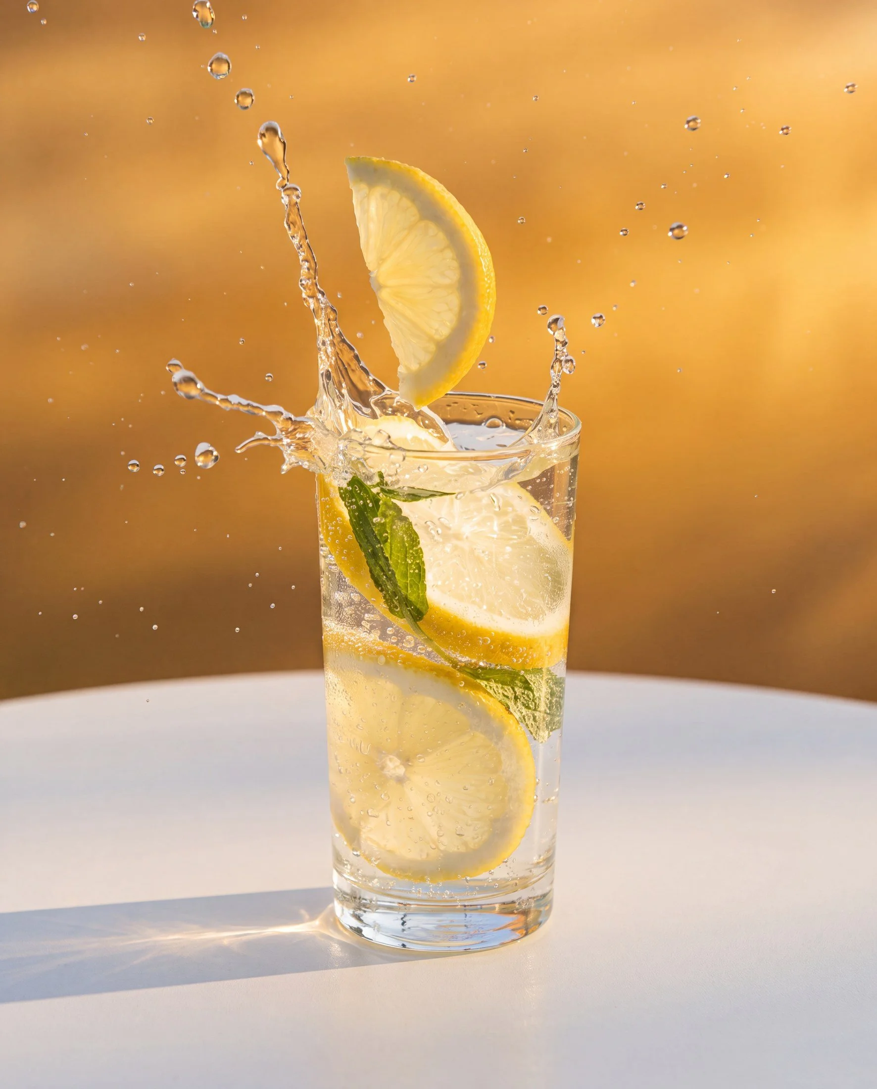 A tall glass of lemonade with lemon slices, mint leaves, and ice, with a splash of water and lemon wedge on top.
