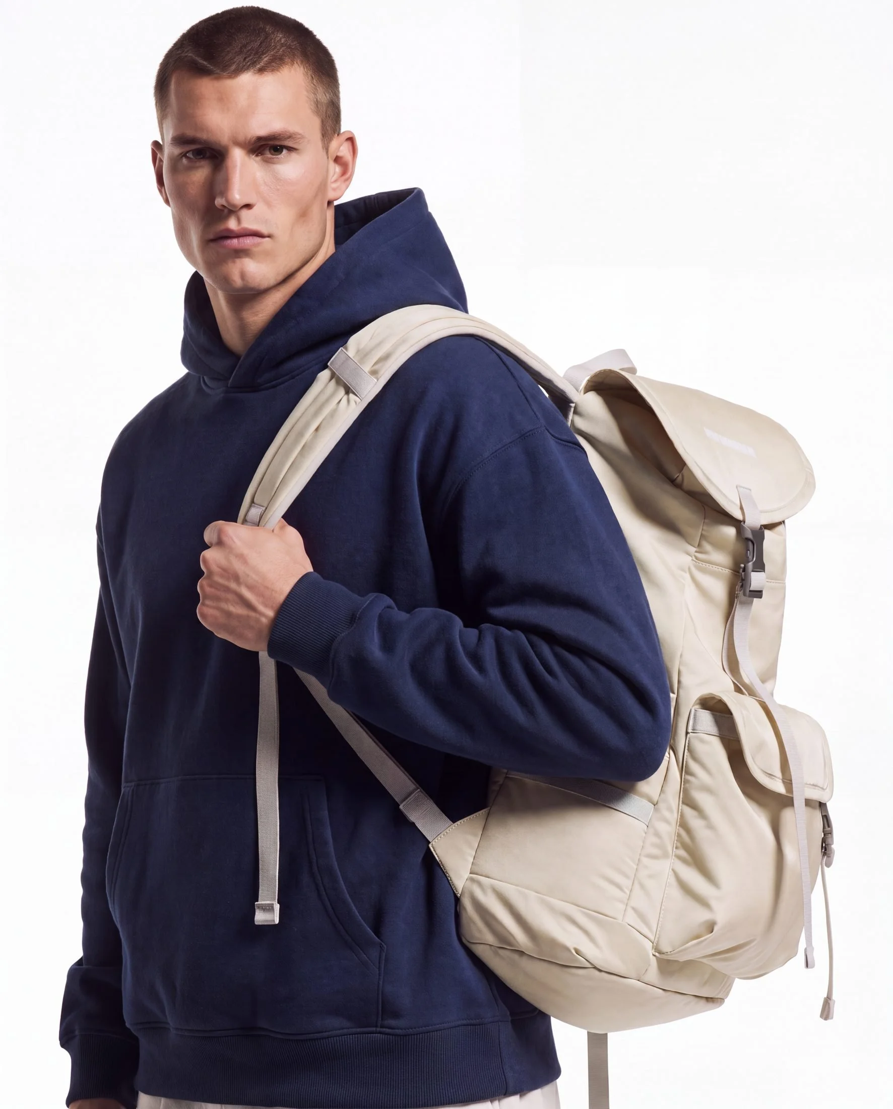 A young man with short brown hair, wearing a navy blue hoodie, carries a beige backpack over his shoulder, standing against a plain white background.