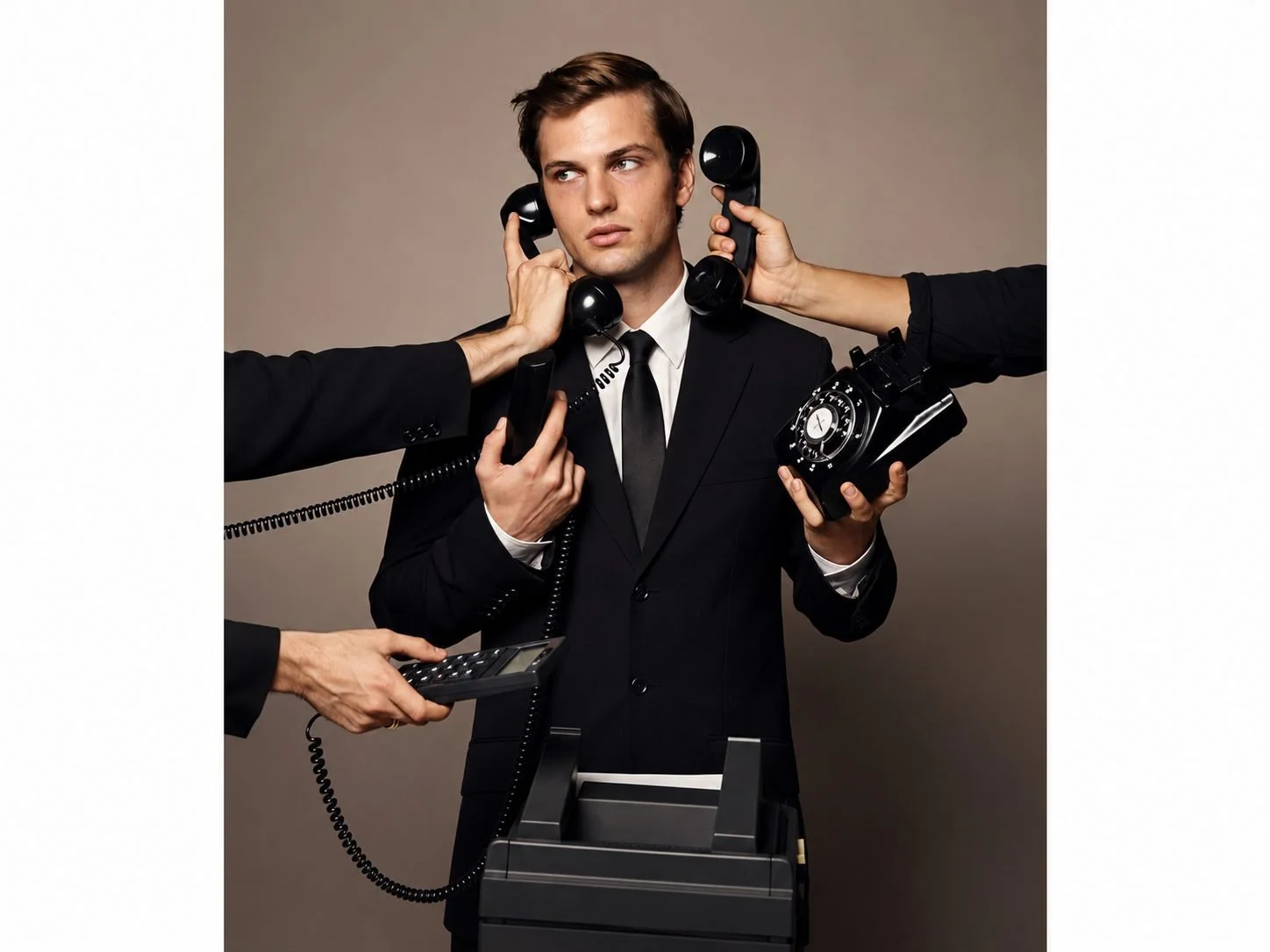 Young man in a suit surrounded by multiple hands holding old-fashioned telephones, a large rotary dial phone, a calculator, and a cash register, all touching or held near him.