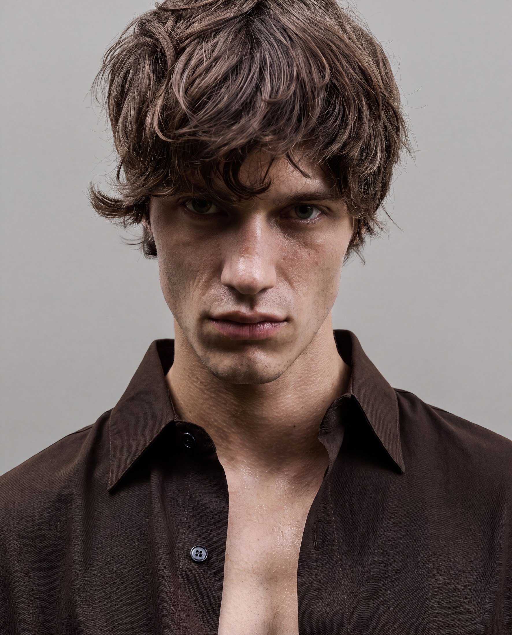 A young man with tousled brown hair and light blue eyes is wearing a dark brown button-up shirt that is unbuttoned to reveal his chest and some chest hair. The background is plain and light gray.