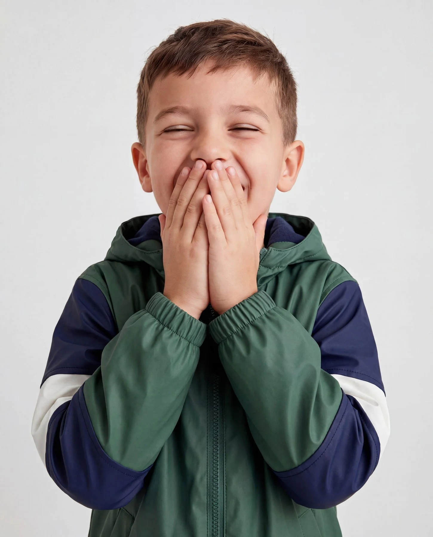 Young boy with short brown hair smiling and covering his mouth with both hands, wearing a colorful jacket, against a plain light background.