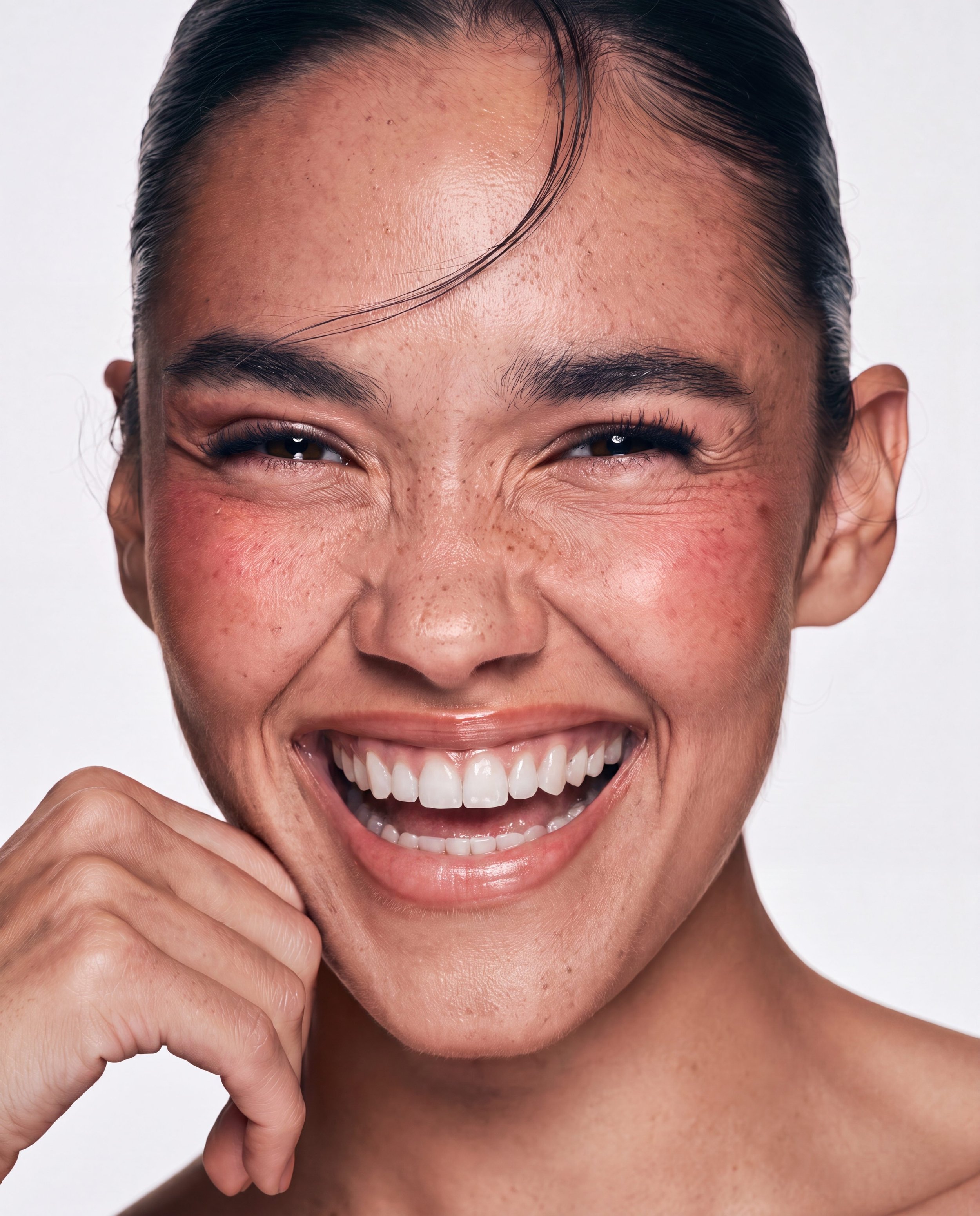 Close-up of a smiling person with dark hair, showing their upper front teeth, with one hand touching their chin and forefinger near their face.