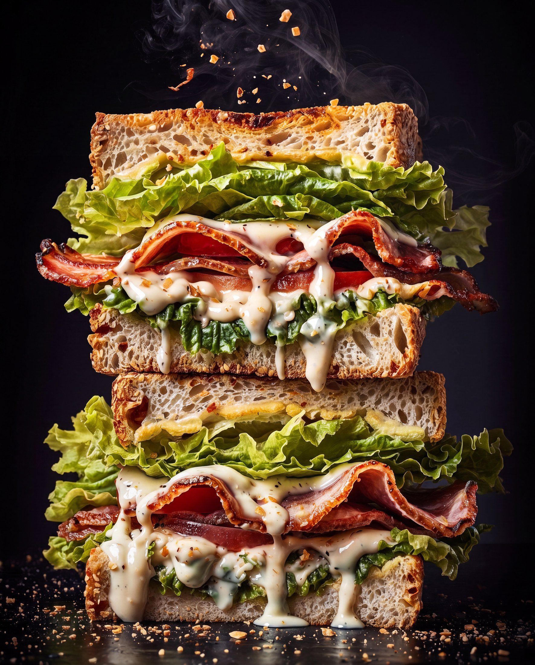 A stack of five different sandwiches with various meats, cheeses, vegetables, and sauces, arranged on a black background with crumbs scattered around.