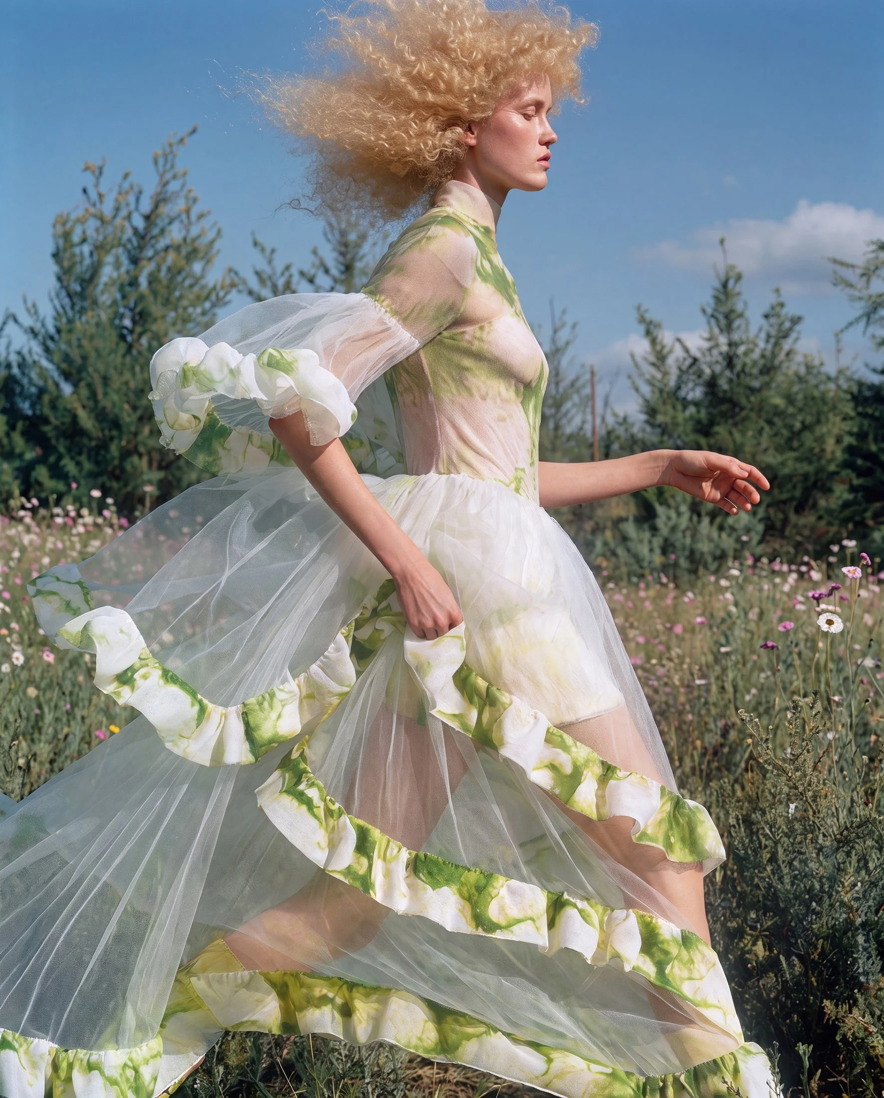 A woman with curly blonde hair running through a field of wildflowers under a blue sky.
