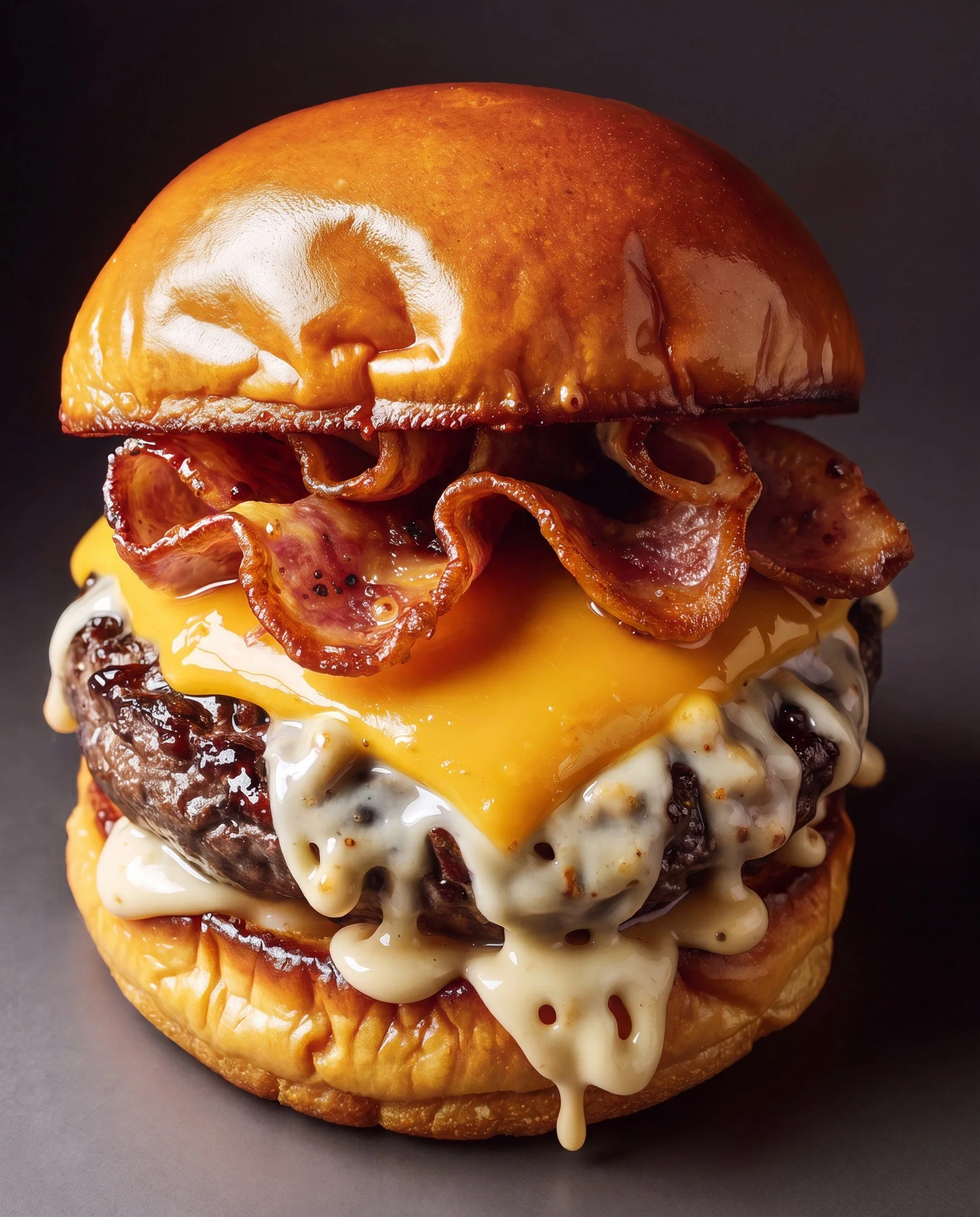 Close-up of a cheeseburger with bacon, melted cheese, and toppings on a bun against a dark background.