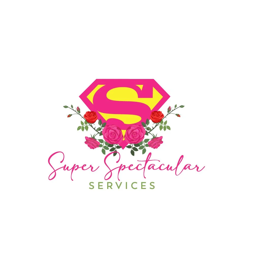 Logo with a pink and yellow Superman emblem surrounded by pink and red roses, with the text 'Super Spectacular Services' below.