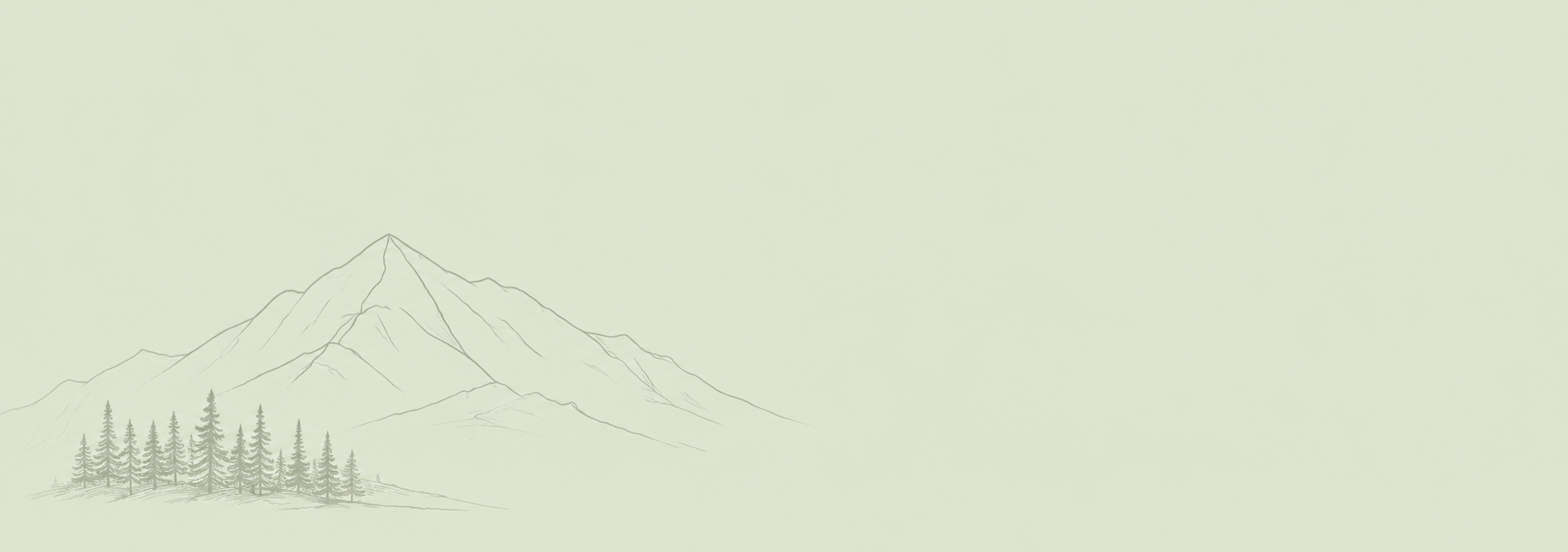 Simple line drawing of a mountain with trees at the base, on a light green background.