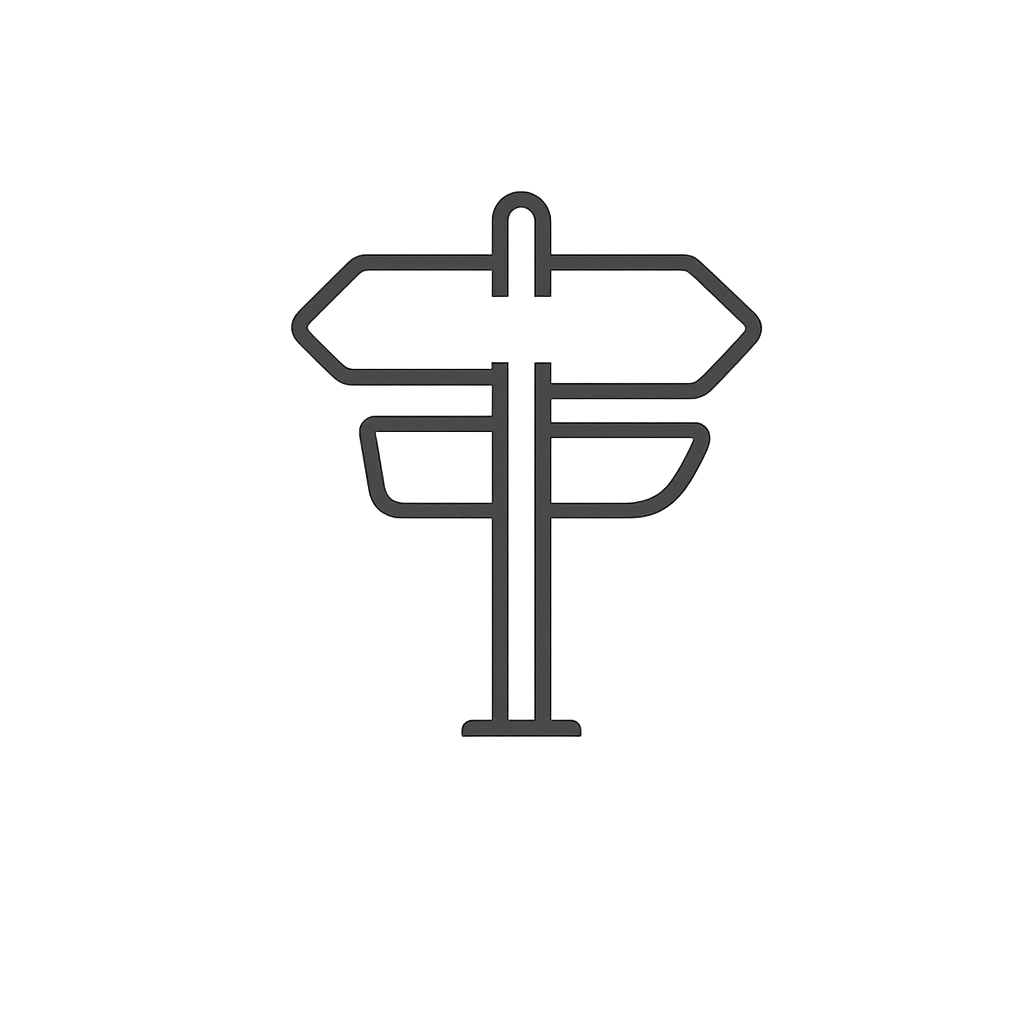 Black and white signpost with multiple directional arrows pointing different ways, mounted on a pole, against a plain background.