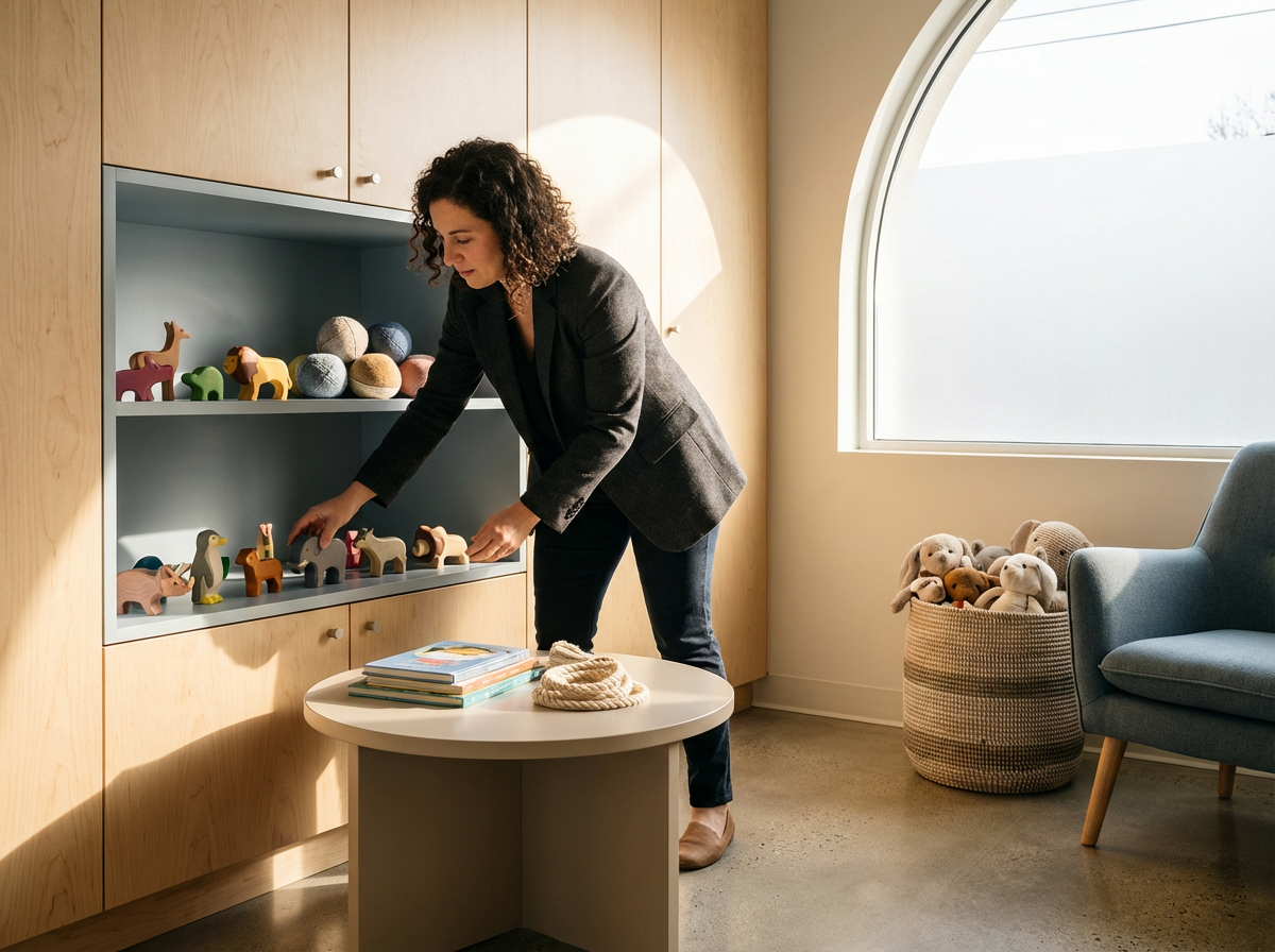 A woman arranging wooden animal toys on a shelving unit in a brightly lit room with a large curved window, books on a small round table, and a basket of plush toys nearby.