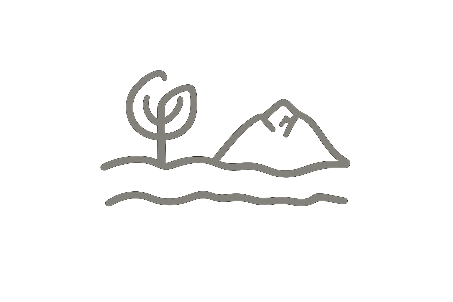 Line drawing of a landscape with a tree, a mountain, and water in the foreground.