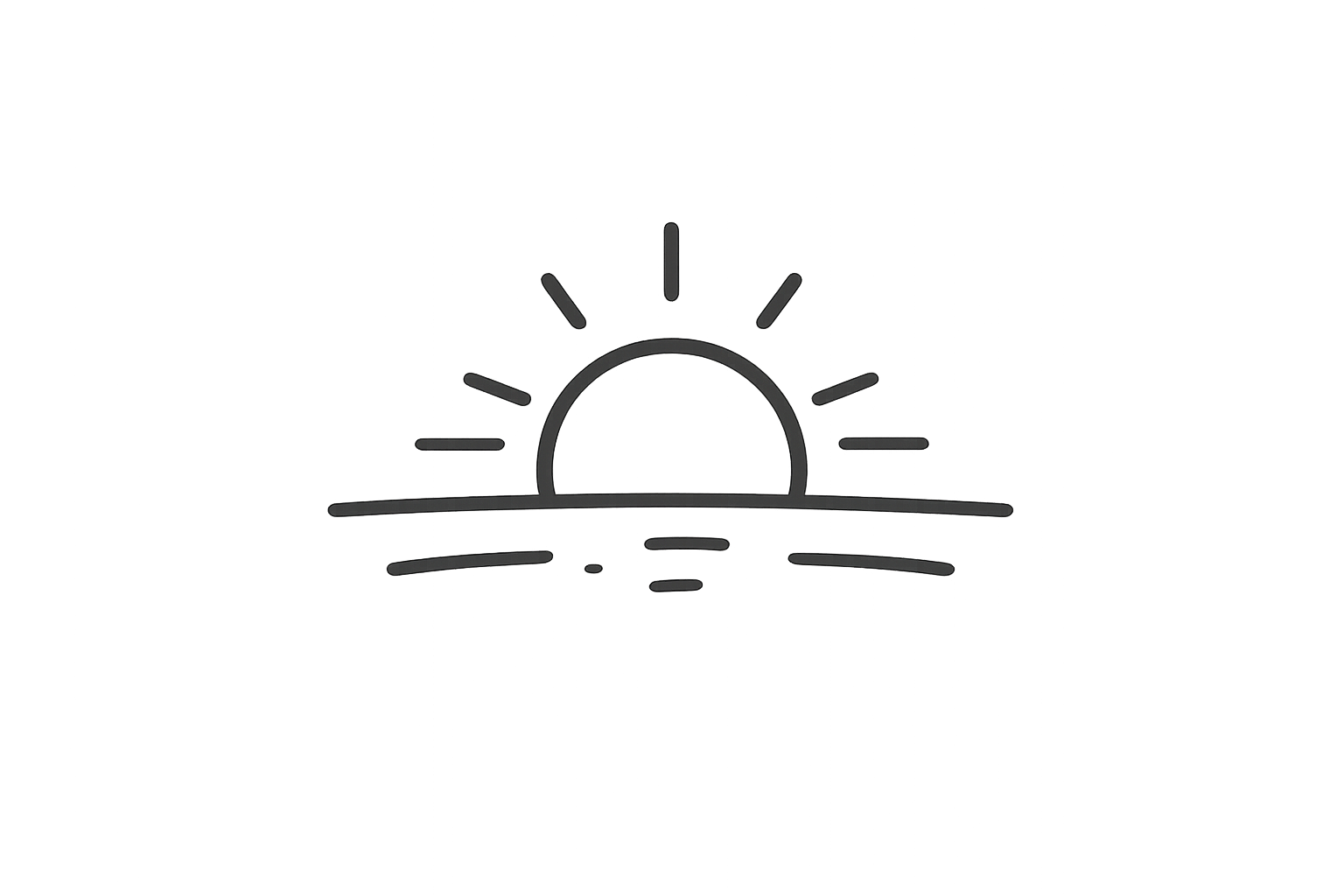 Minimalist black line drawing of a sunrise over water with rays extending from the sun.