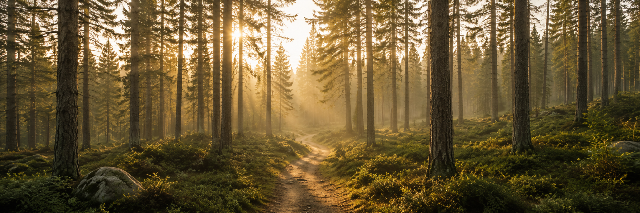 Sunlight shining through tall pine trees in a forest with a dirt path winding through lush green undergrowth.