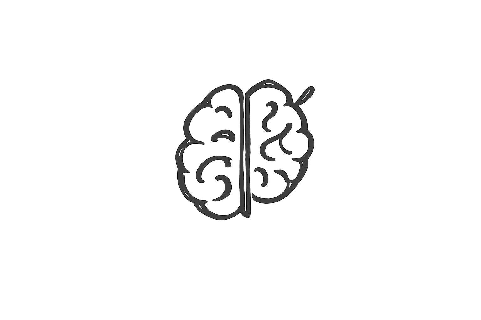Line art of a brain split into two halves, with a pattern emphasizing the structure of the brain.