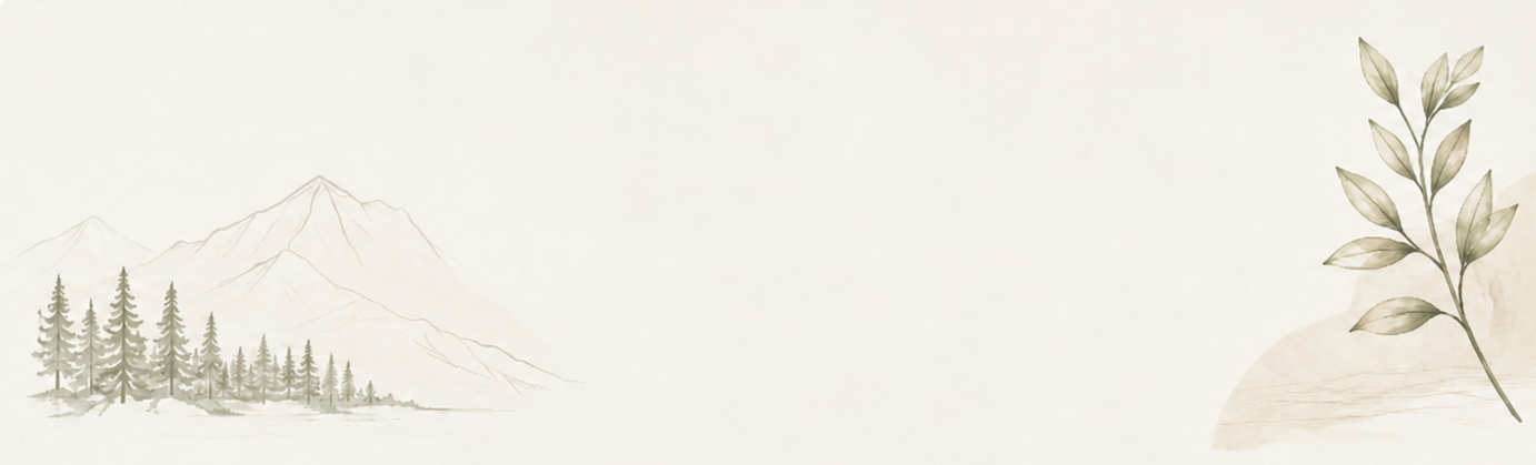 Minimalist nature scene with distant mountains, pine trees, and a branch with leaves on the right side.