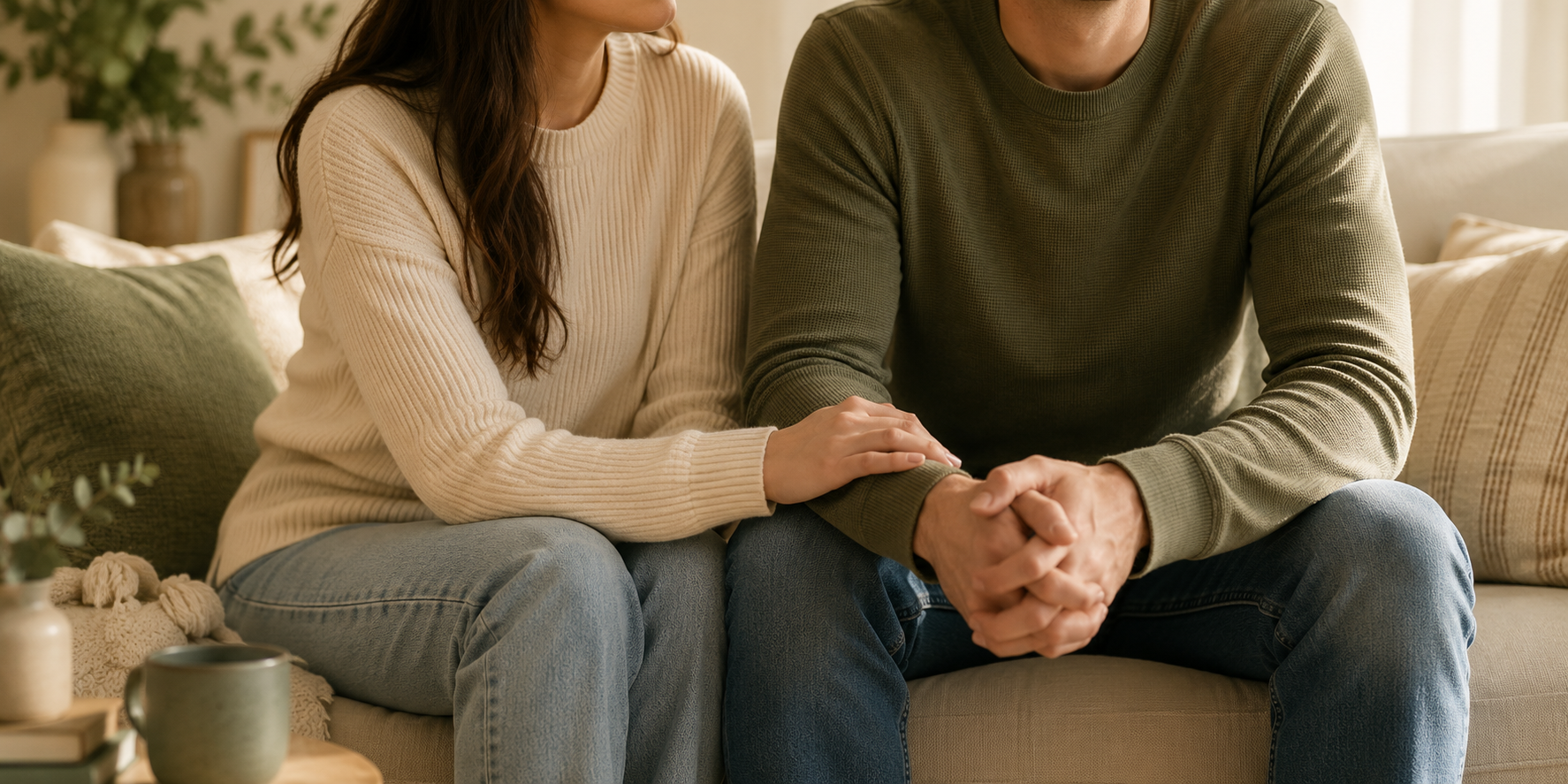 Couple sitting together while one partner reaches toward the other for reassurance