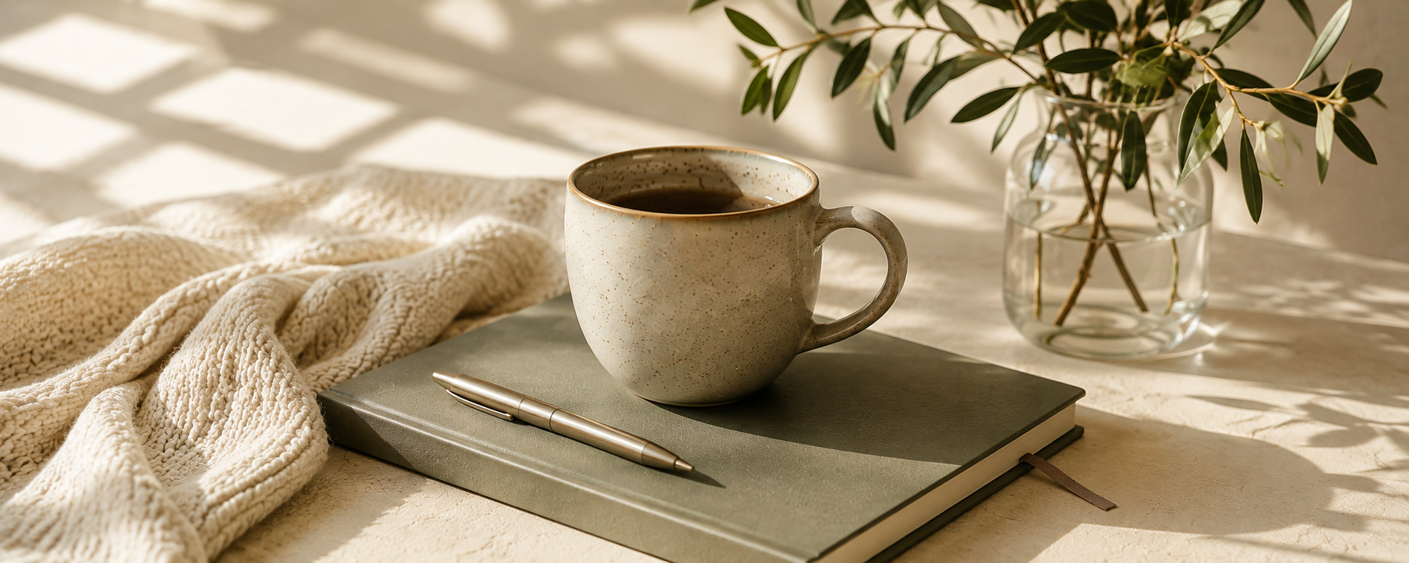 Notebook and coffee mug on a table in soft natural light