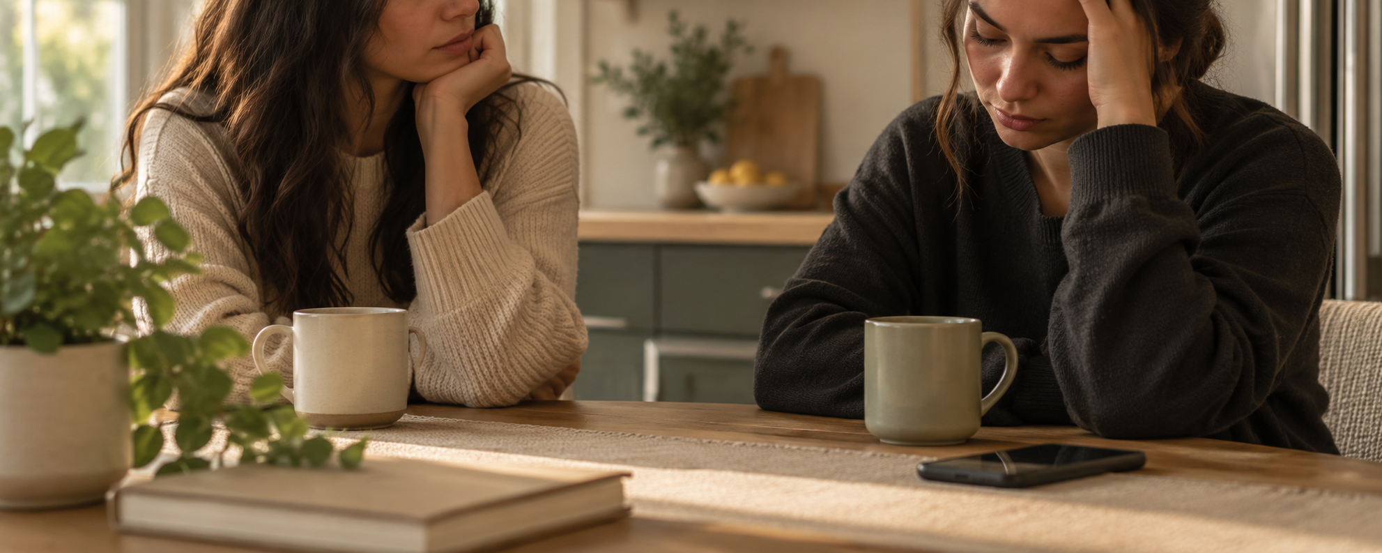 Person watching someone who appears quiet or withdrawn during a conversation