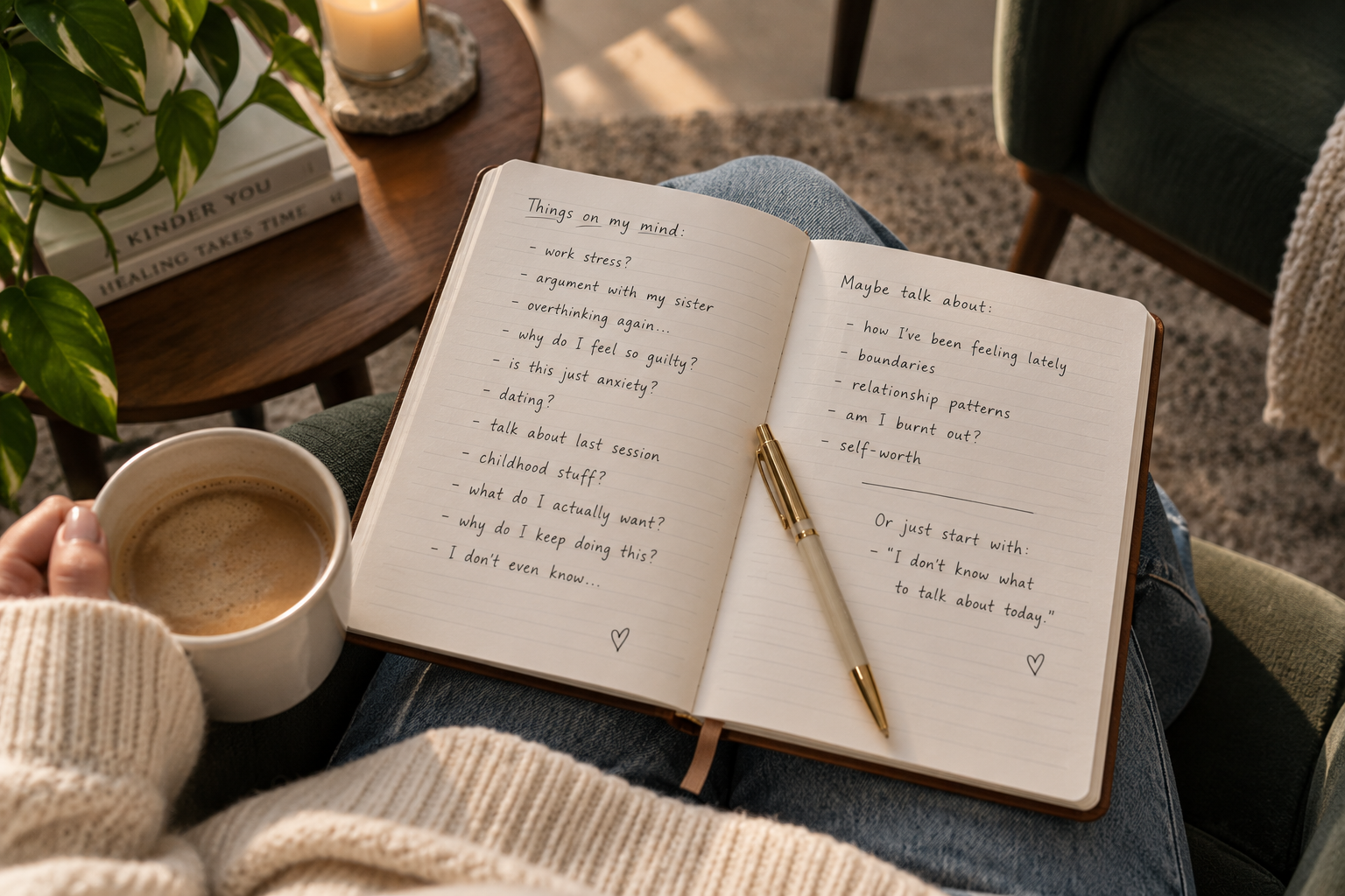 Open notebook with scattered thoughts before a therapy session