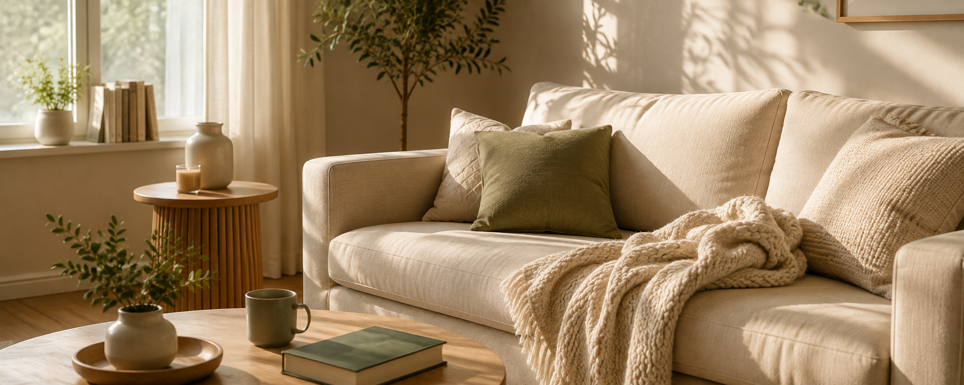 Quiet living room with a sofa and book in warm afternoon light