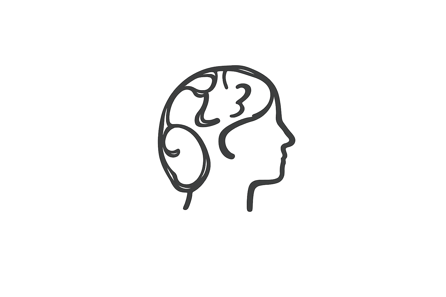 A minimalistic line drawing of a human head in profile, with a stylized brain inside marked with a question mark.