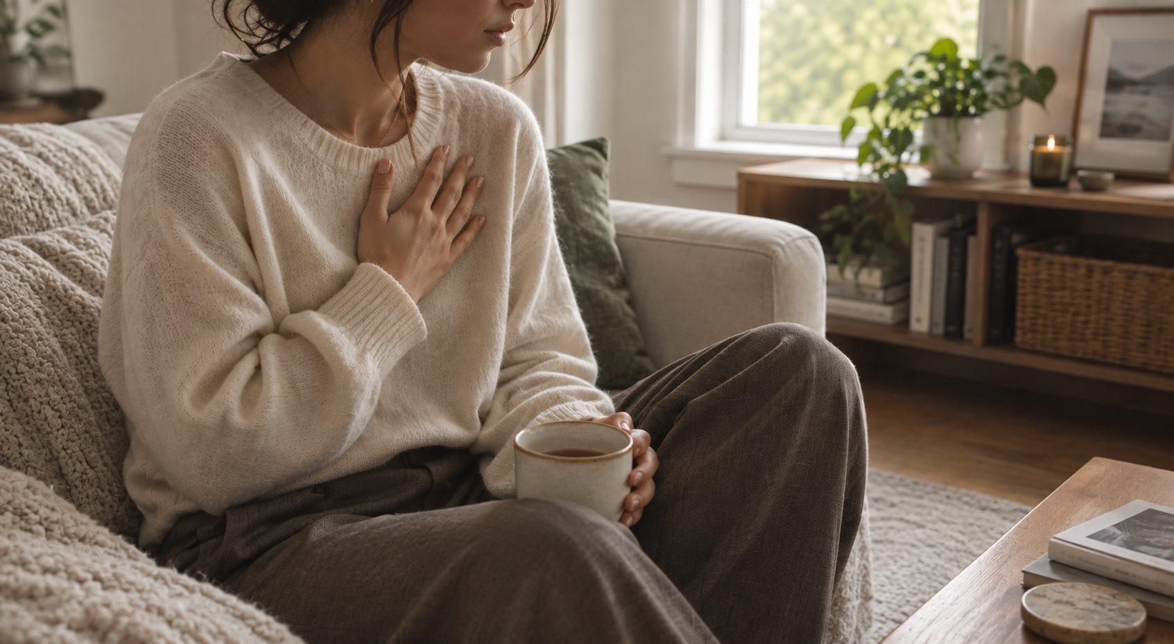 Woman sitting with her hand on her chest while experiencing feelings of anxiety