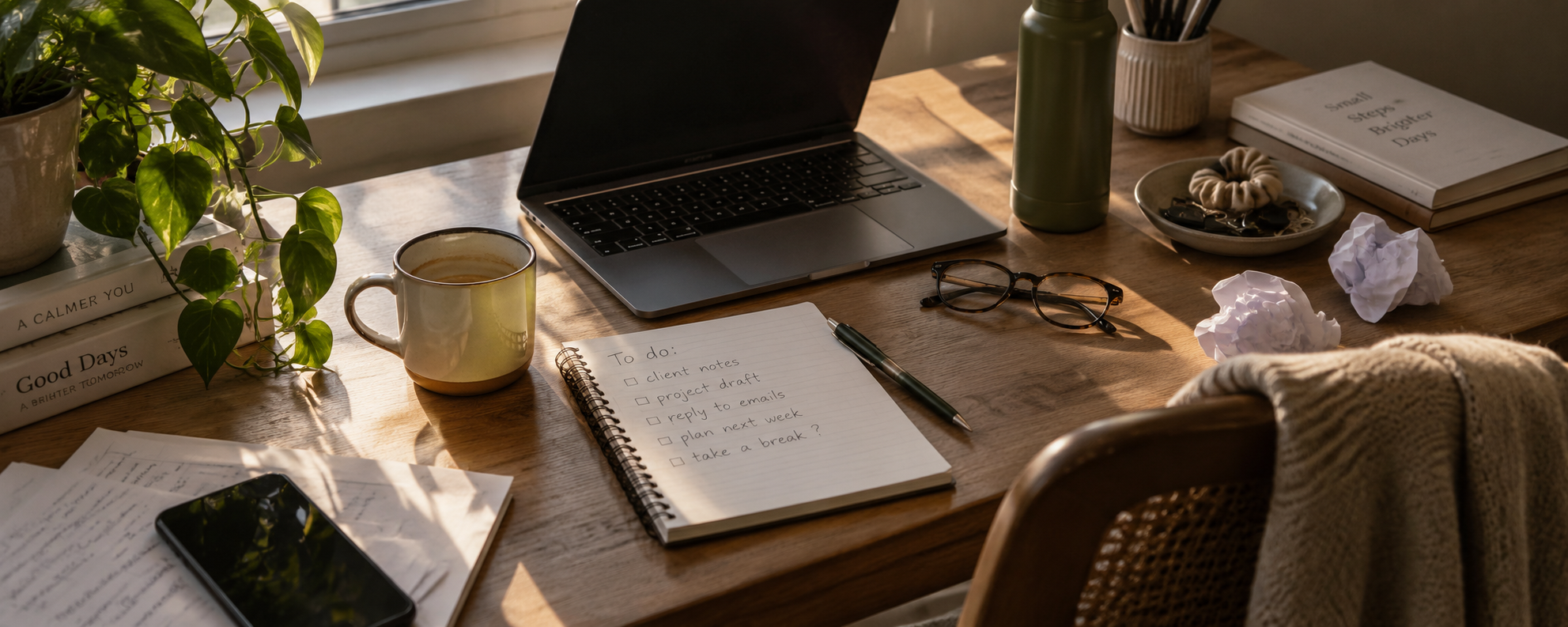 Open laptop and unfinished work on a desk at the end of a long day.