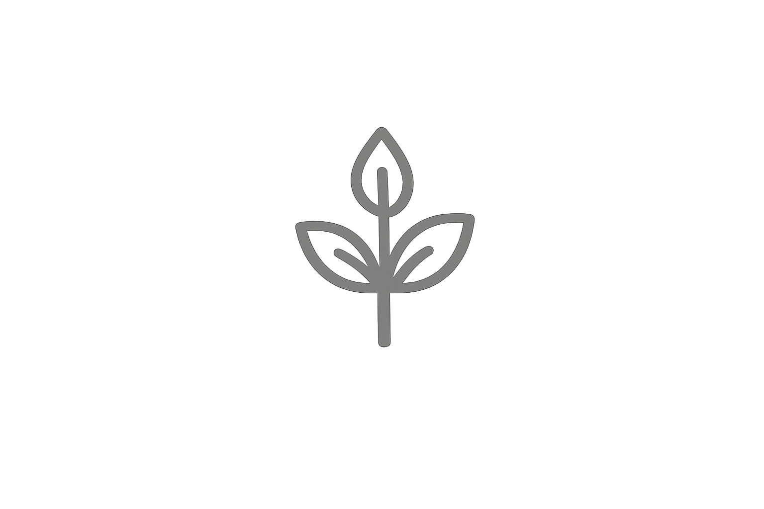 A simple gray line drawing of a plant with three leaves, one at the top and two at the sides, on a black background.