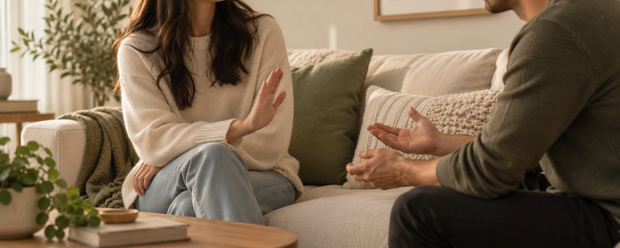 Two people having a calm conversation while one person gestures to set a boundary