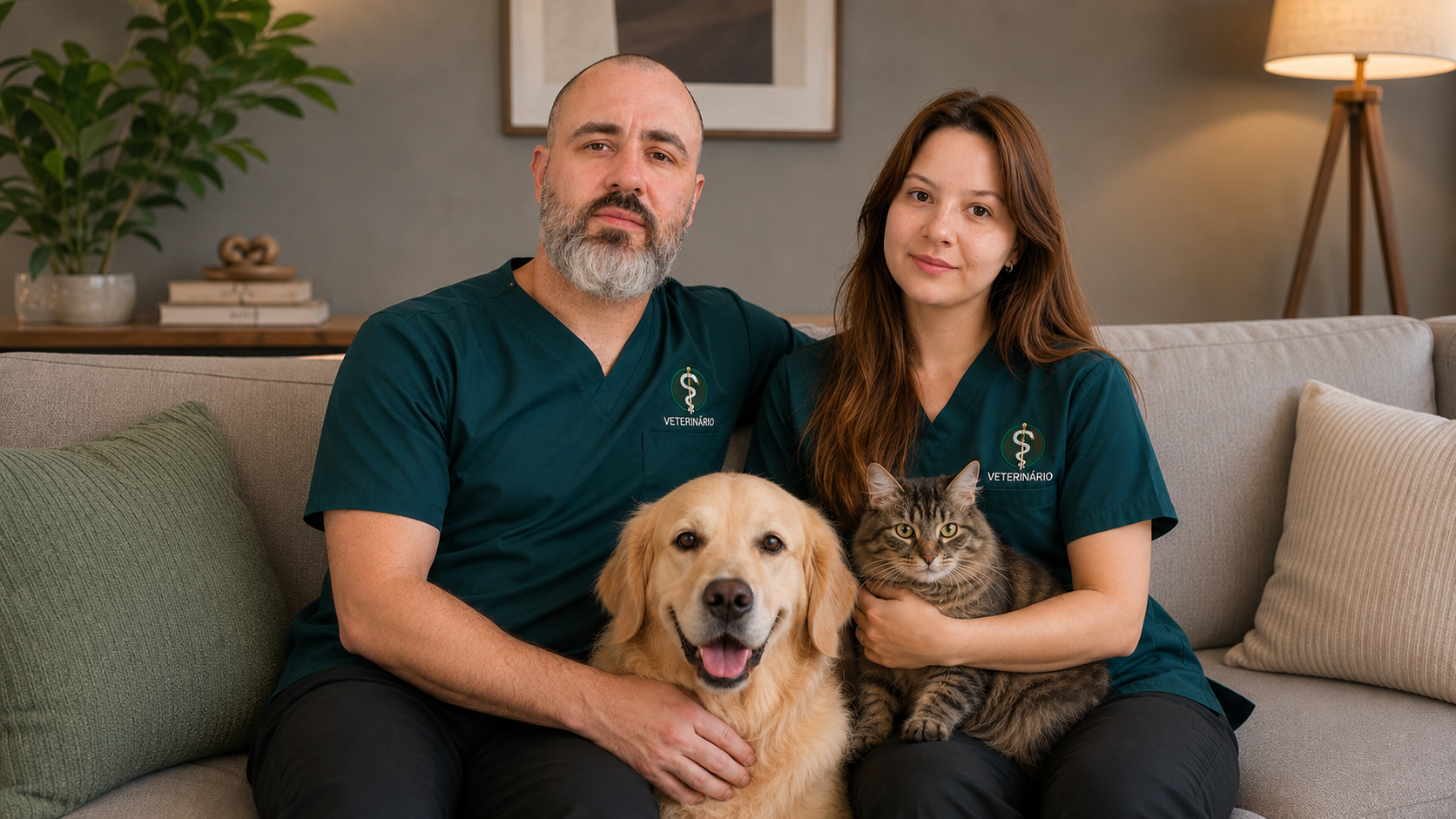 Homens e mulher com uniformes de veterinário sentado no sofá com cachorro de Golden Retriever e gato doméstico, ambiente de sala de estar bem decorada.