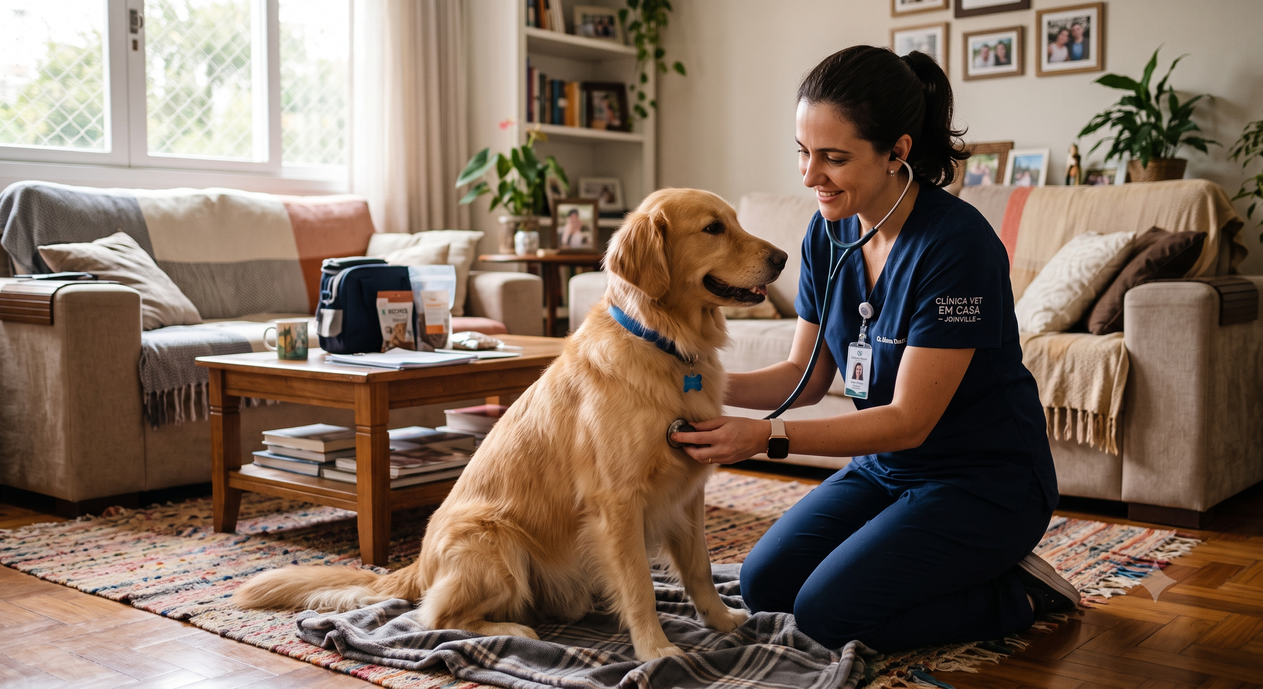 Mulher veterinária com escuta no pescoço examinando um cachorro golden retriever sentado no chão de um ambiente doméstico decorado com fotos e plantas.