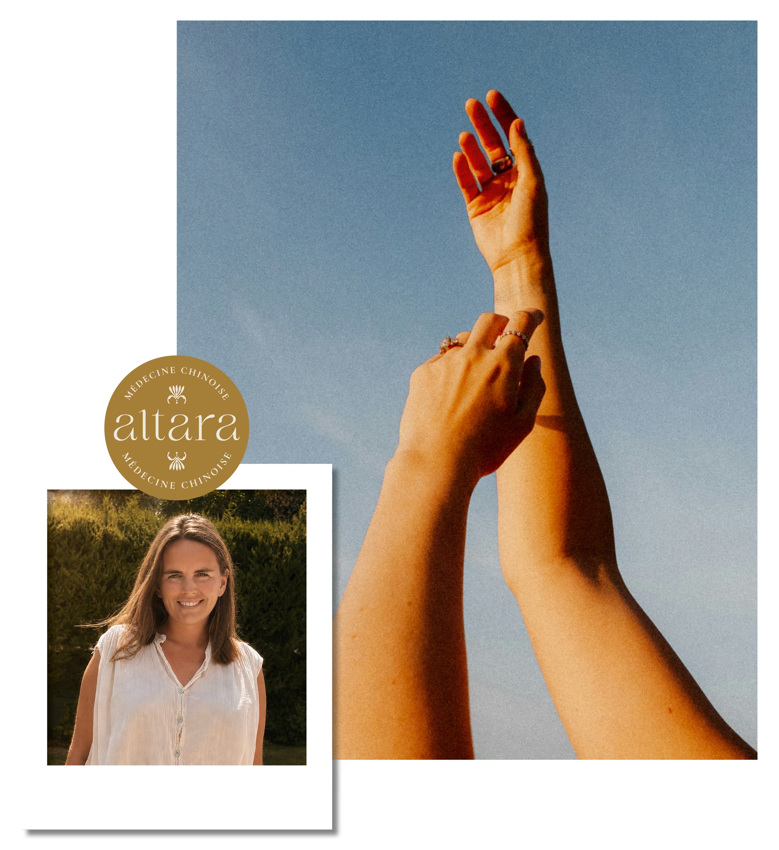 Une main levée avec plusieurs doigts tendus, portée contre un ciel bleu clair. La main porte plusieurs alliances et bagues, et une partie du bras est visible. Polaroide avec la photo de Clara. Stickers avec le logo d'Altara.