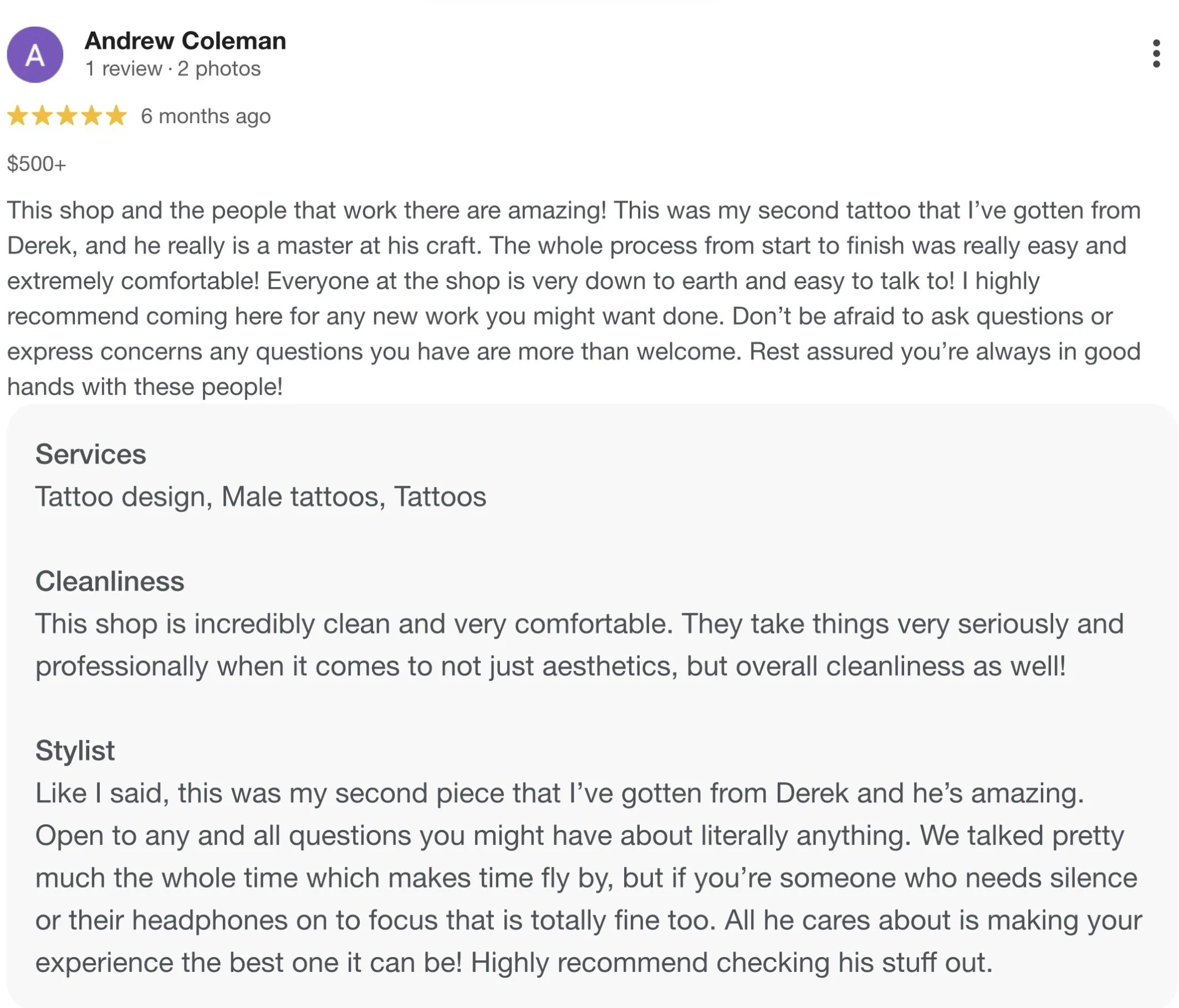 Screenshot of a Google review for a tattoo shop written by Andrew Coleman, praising the shop and Derek for their craftsmanship and friendly service.