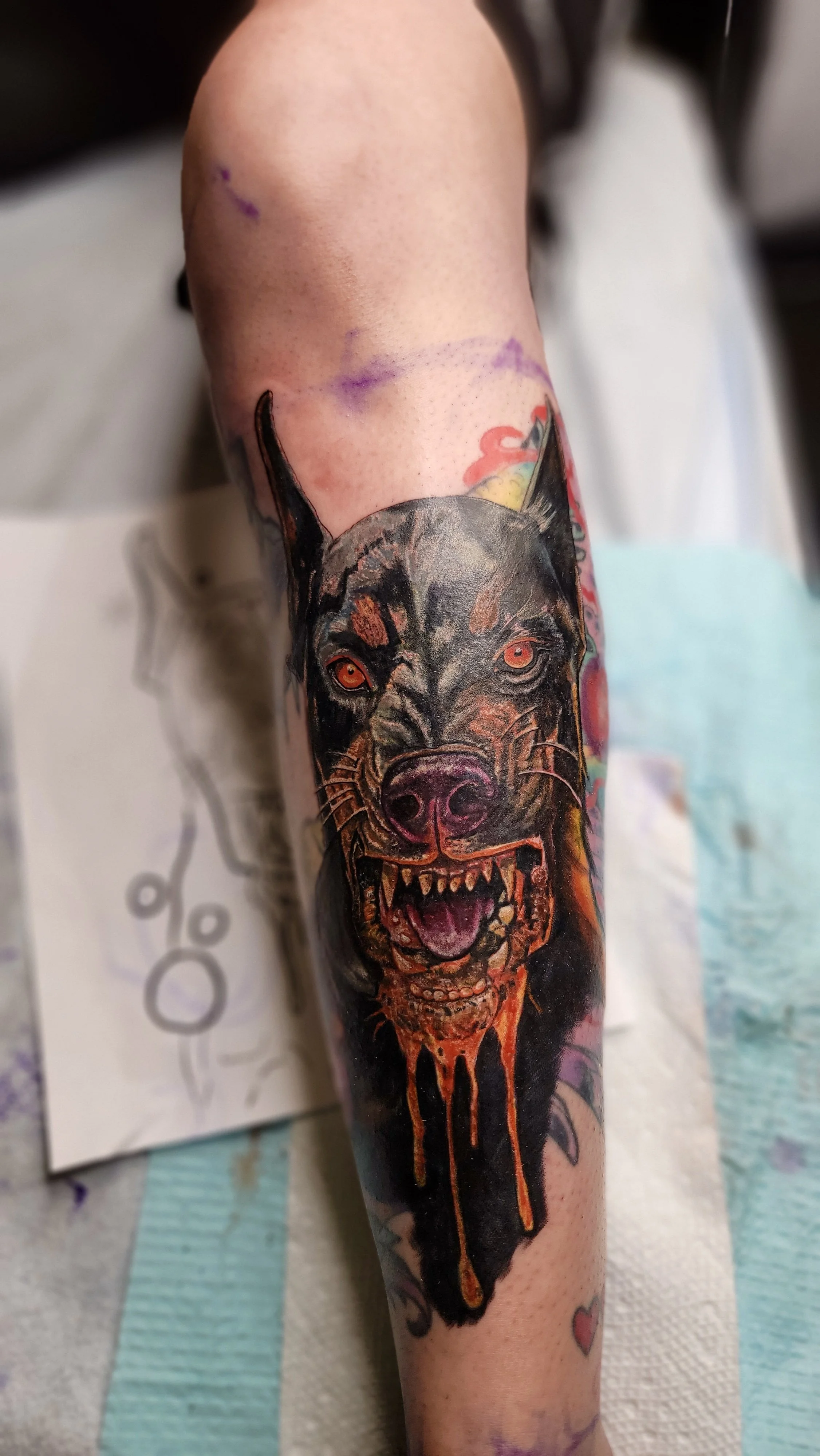 A colorful tattoo of a snarling dog with red eyes, sharp teeth, and dripping orange and pink paint, covering most of a person's forearm.