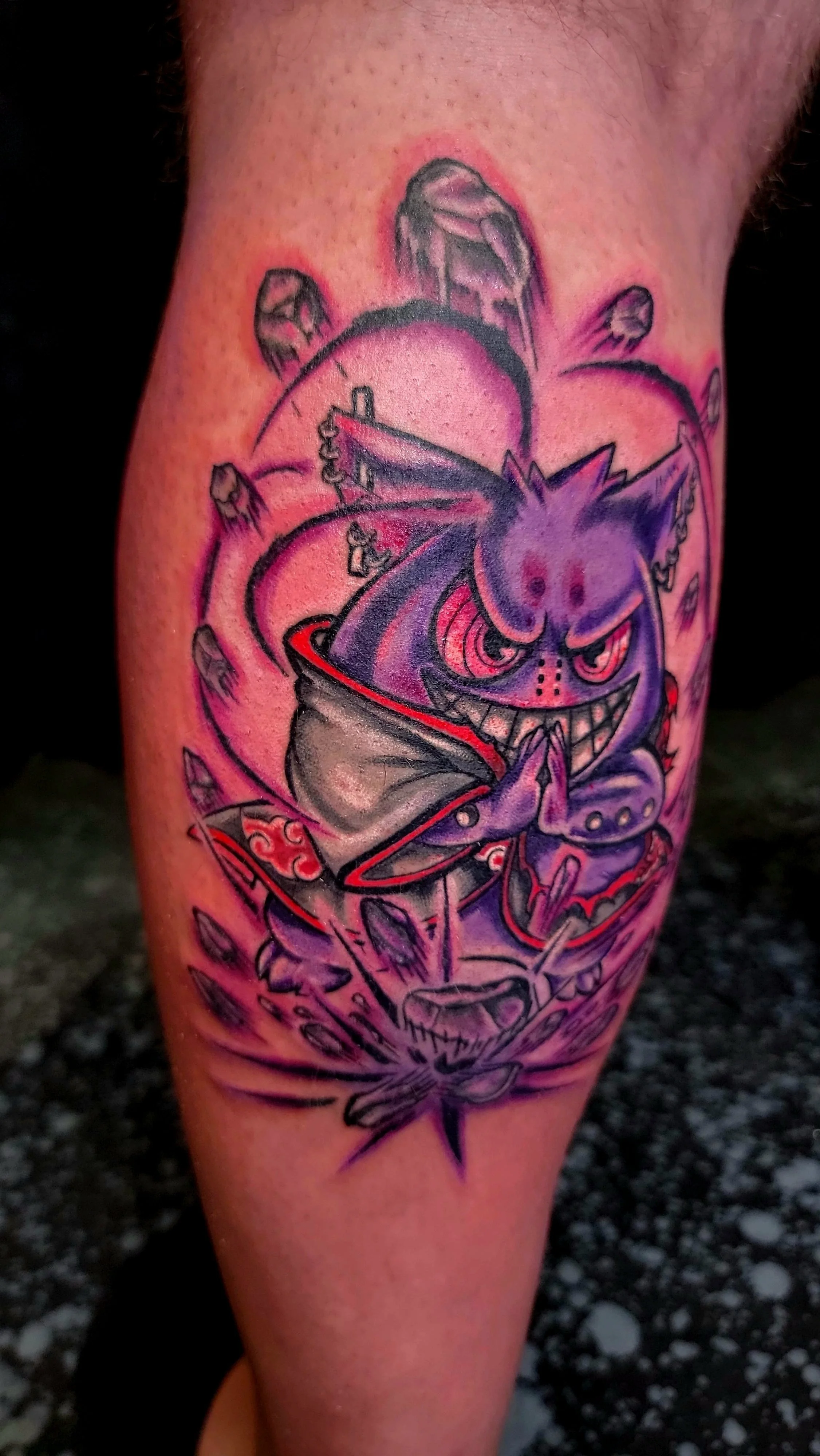 Tattoo of a mischievous purple cat wearing a hoodie, with a mischievous grin and glowing eyes, surrounded by crystals and an alarm clock.