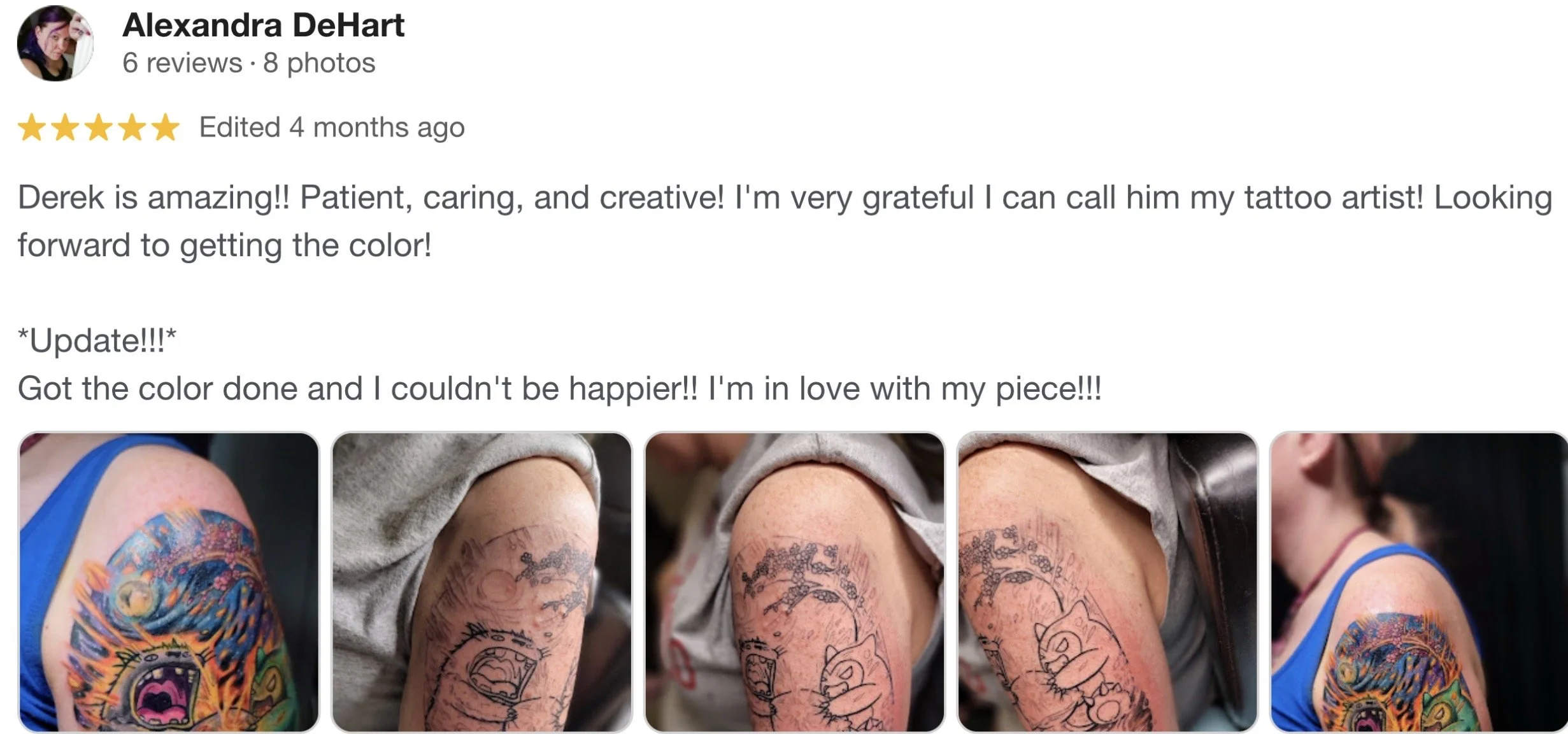 A collage of four photos showing a tattooing process on a person's upper arm. The first photo displays a colorful, detailed tattoo of a creature with sharp teeth and a vibrant background. The second, third, and fourth photos show different stages of the tattoo tattooing, with visible outlines and shading being applied.