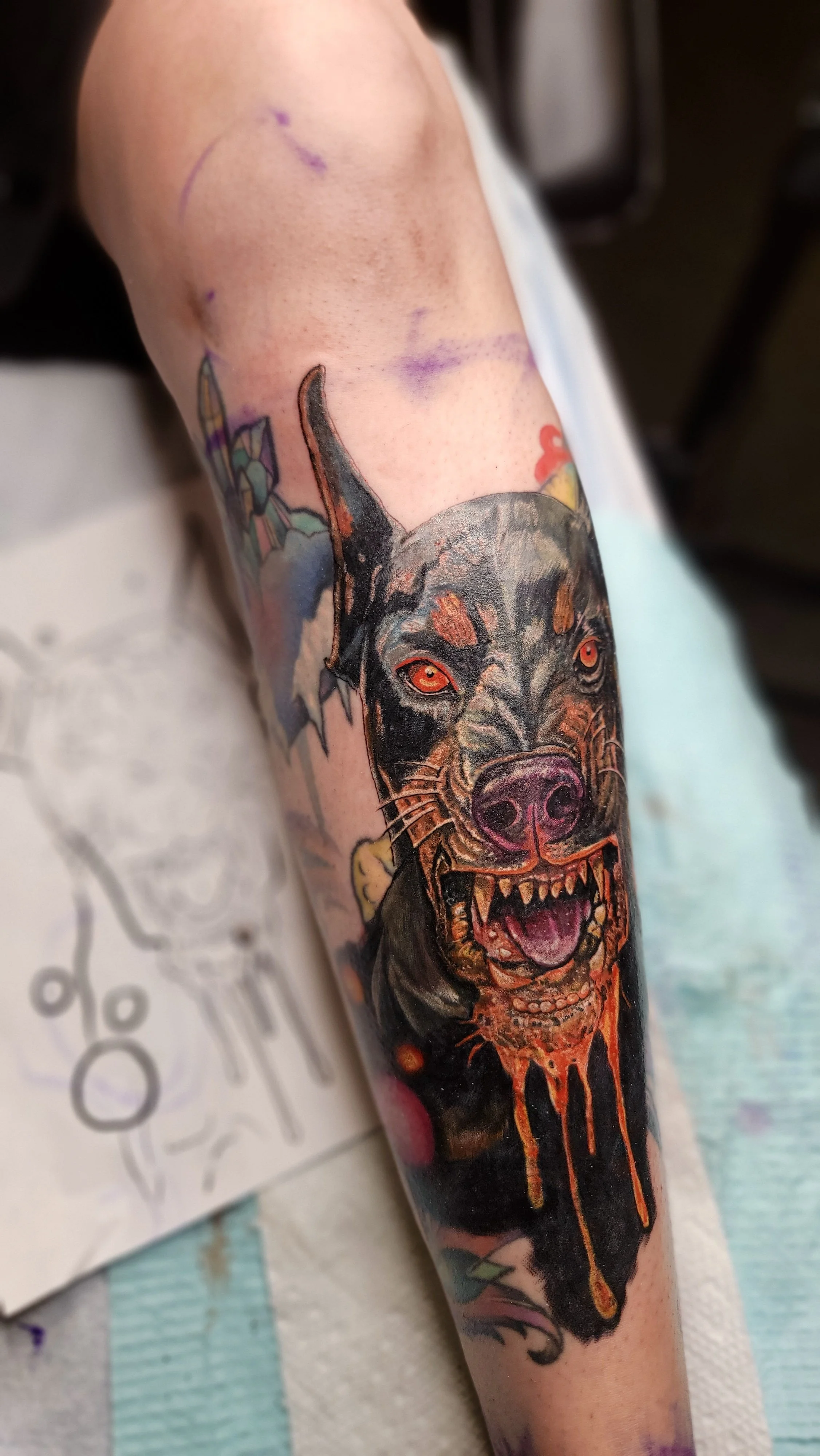 Colorful tattoo of a snarling dog with glowing red eyes on a person's arm.