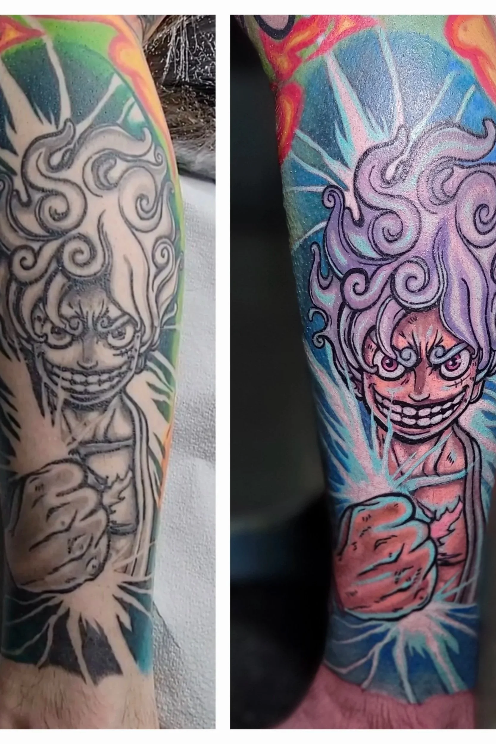 A tattoo of a mischievous clown face with swirling hair, sharp eyebrows, and a wide, sinister grin on the person's arm.