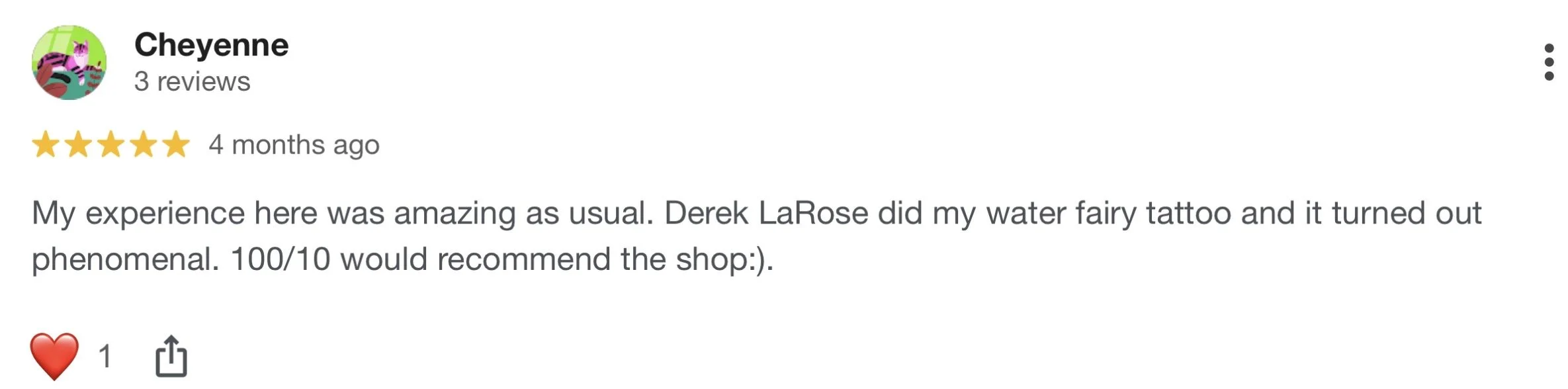 Customer review for a water fairy tattoo service, showing a 5-star rating from Cheyenne.