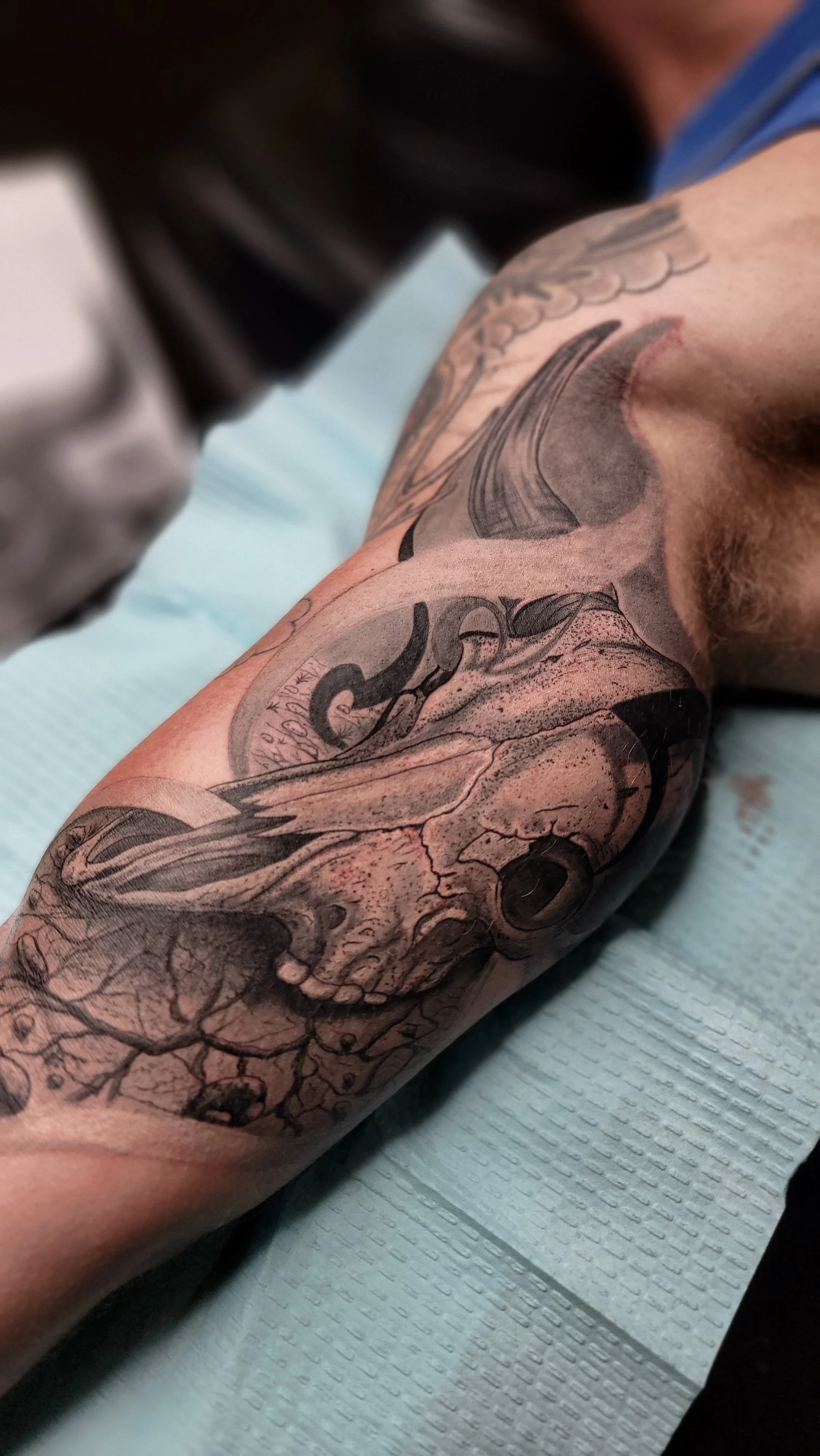 A detailed black and gray tattoo of a skull on a person's forearm, with some shading and intricate line work, including skull features and surrounding designs.